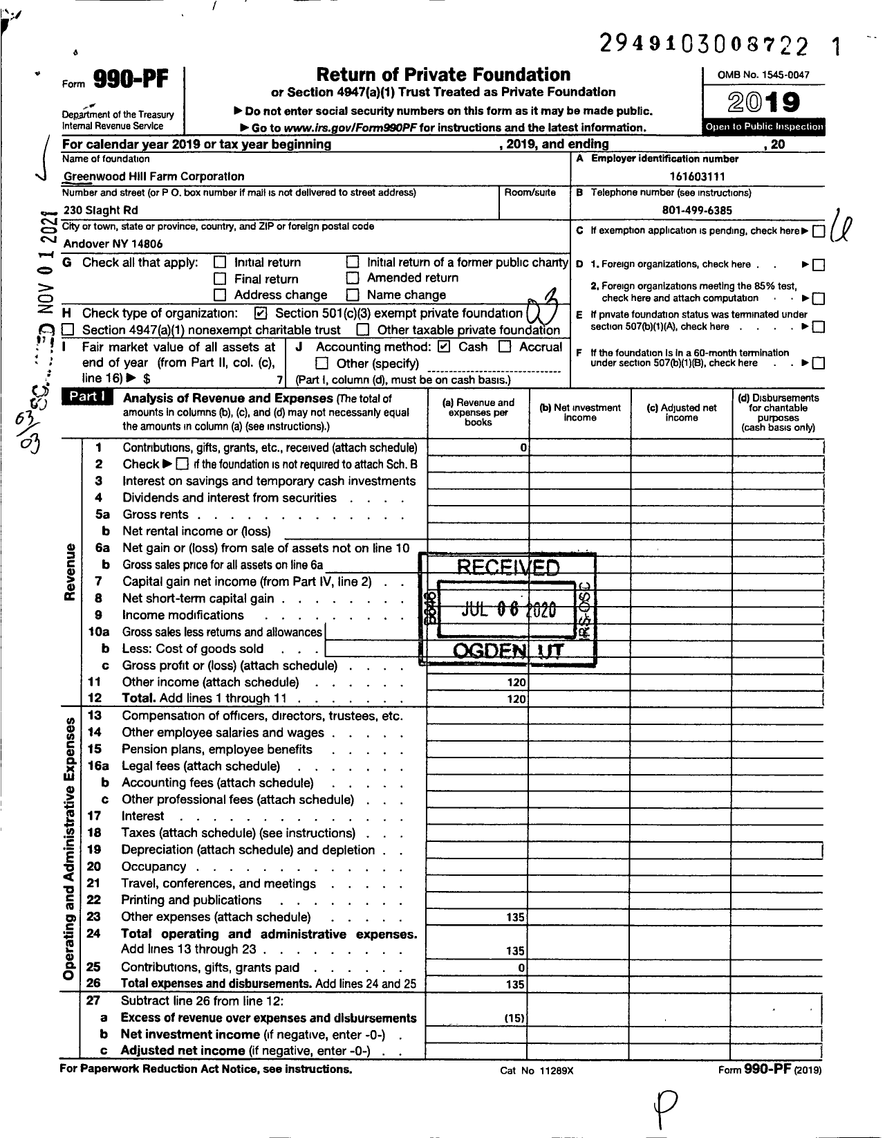 Image of first page of 2019 Form 990PF for Greenwood Hill Farm Corporation