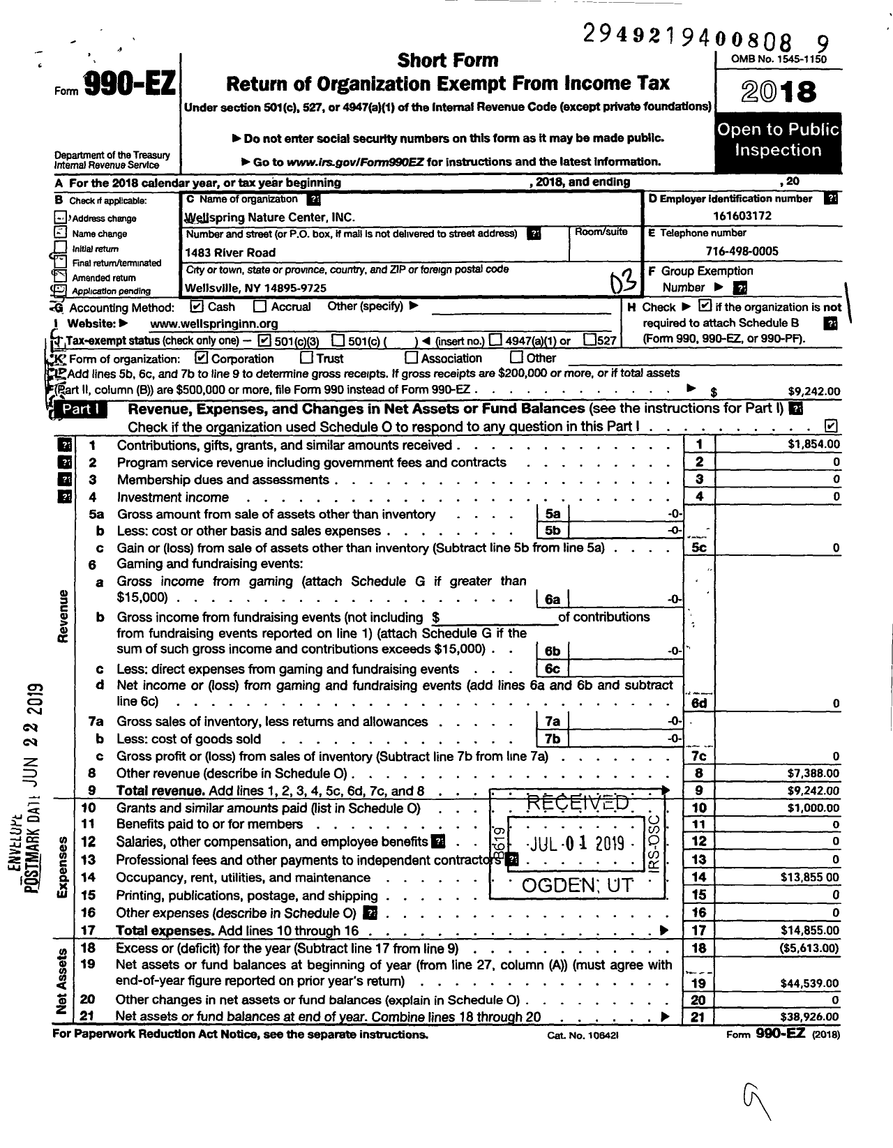 Image of first page of 2018 Form 990EZ for Wellspring Nature Center