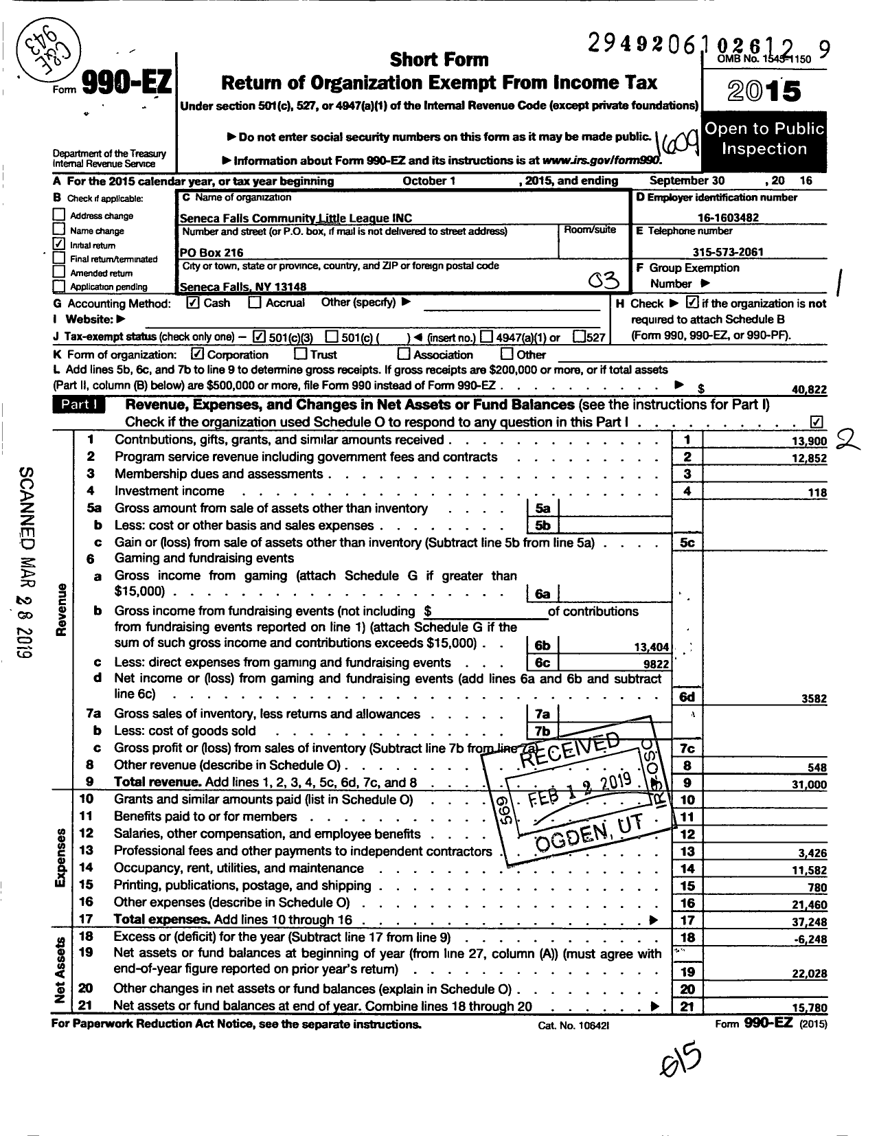 Image of first page of 2015 Form 990EZ for Seneca Falls Little League