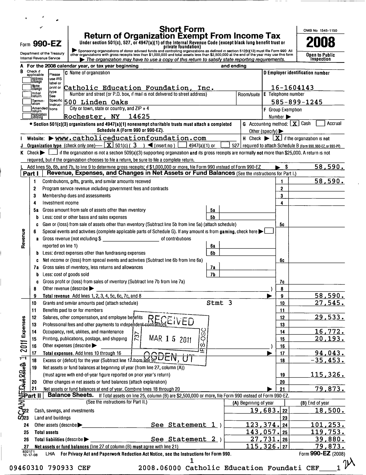 Image of first page of 2008 Form 990EZ for Catholic Education Foundation