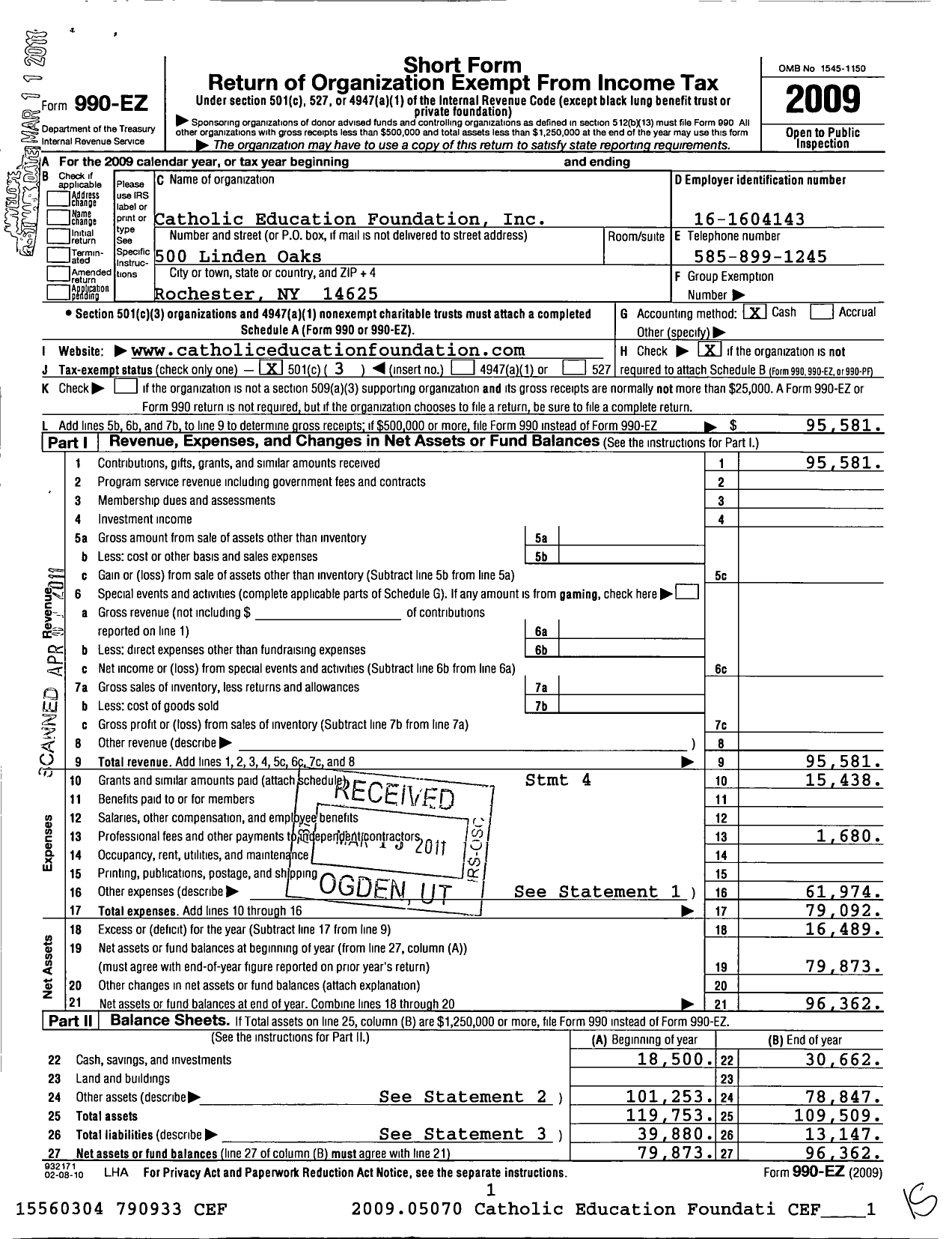 Image of first page of 2009 Form 990EZ for Catholic Education Foundation