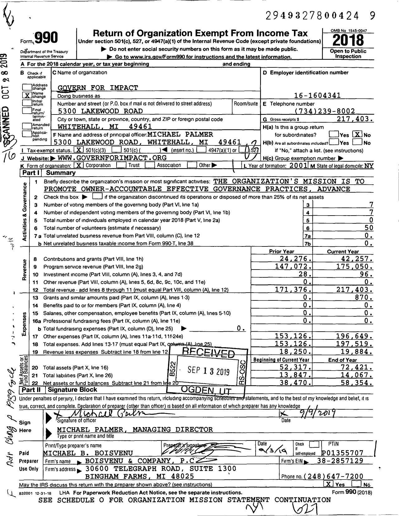 Image of first page of 2018 Form 990 for Govern for Impact