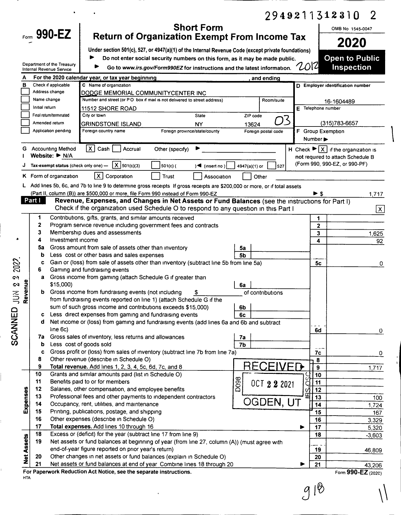 Image of first page of 2020 Form 990EZ for Dodge Memorial Communitycenter