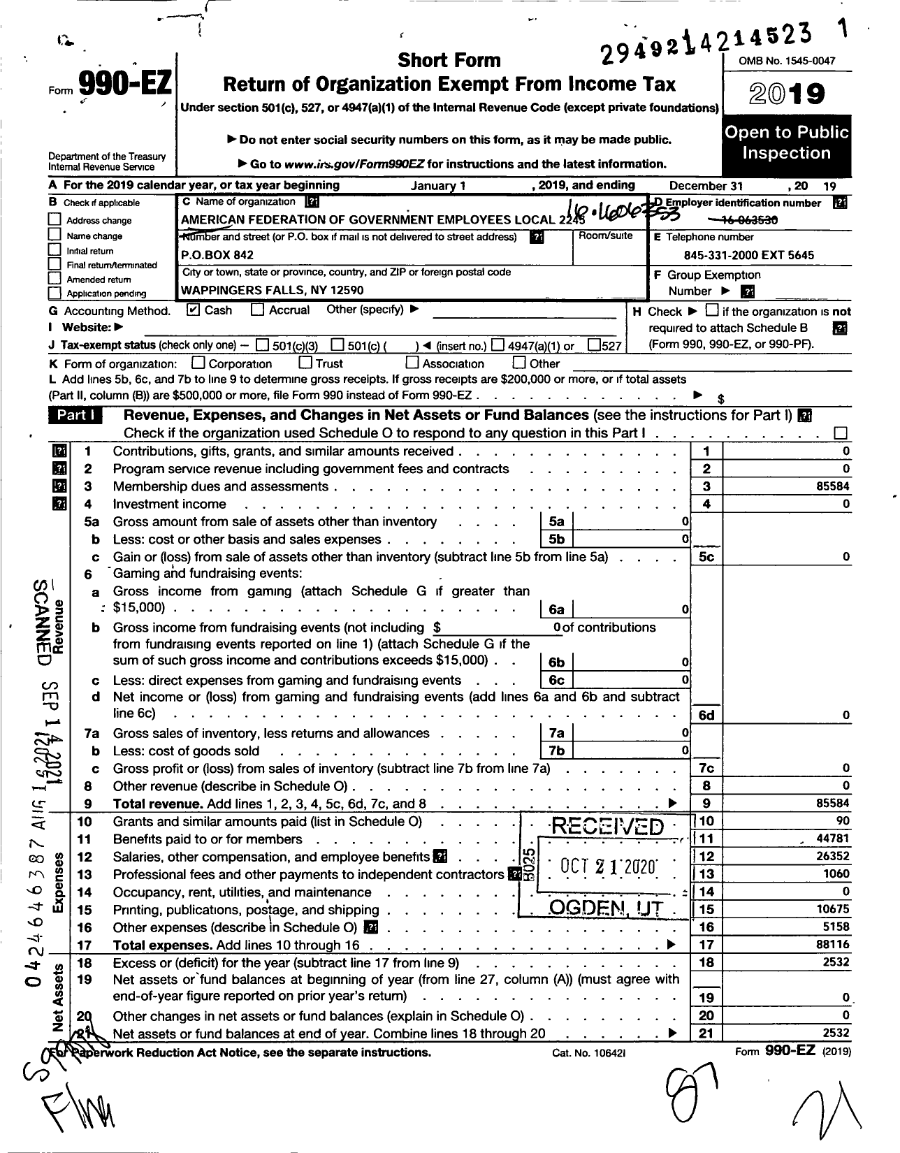 Image of first page of 2019 Form 990EO for American Federation of Government Employees - 2245 Local Afge Va