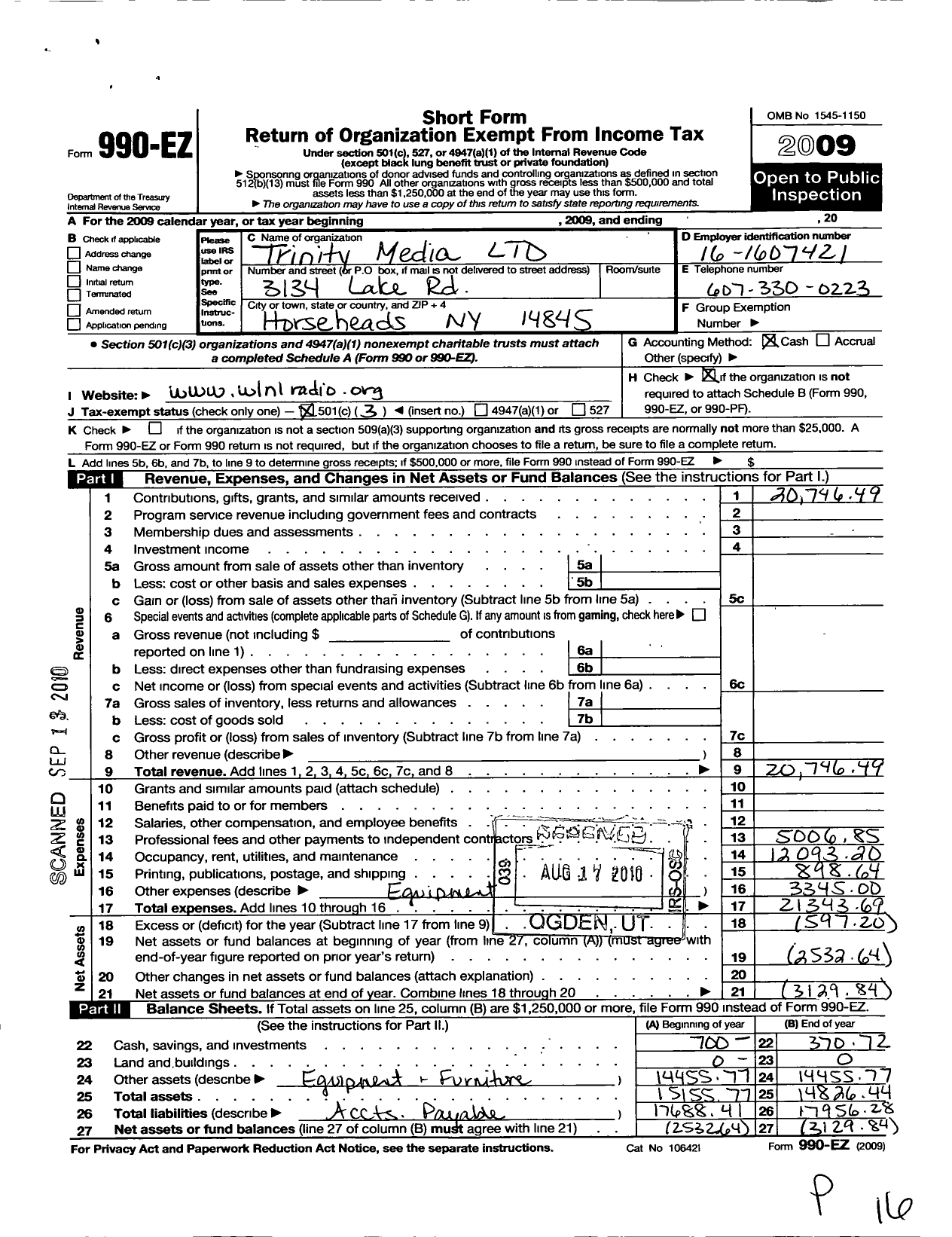 Image of first page of 2009 Form 990EZ for Trinity Media