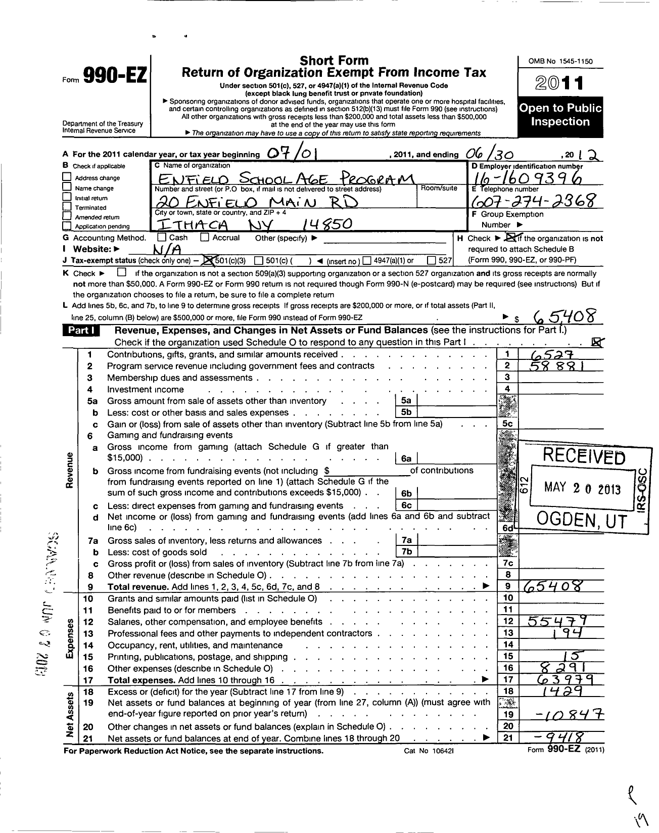 Image of first page of 2011 Form 990EZ for Enfield School Age Program