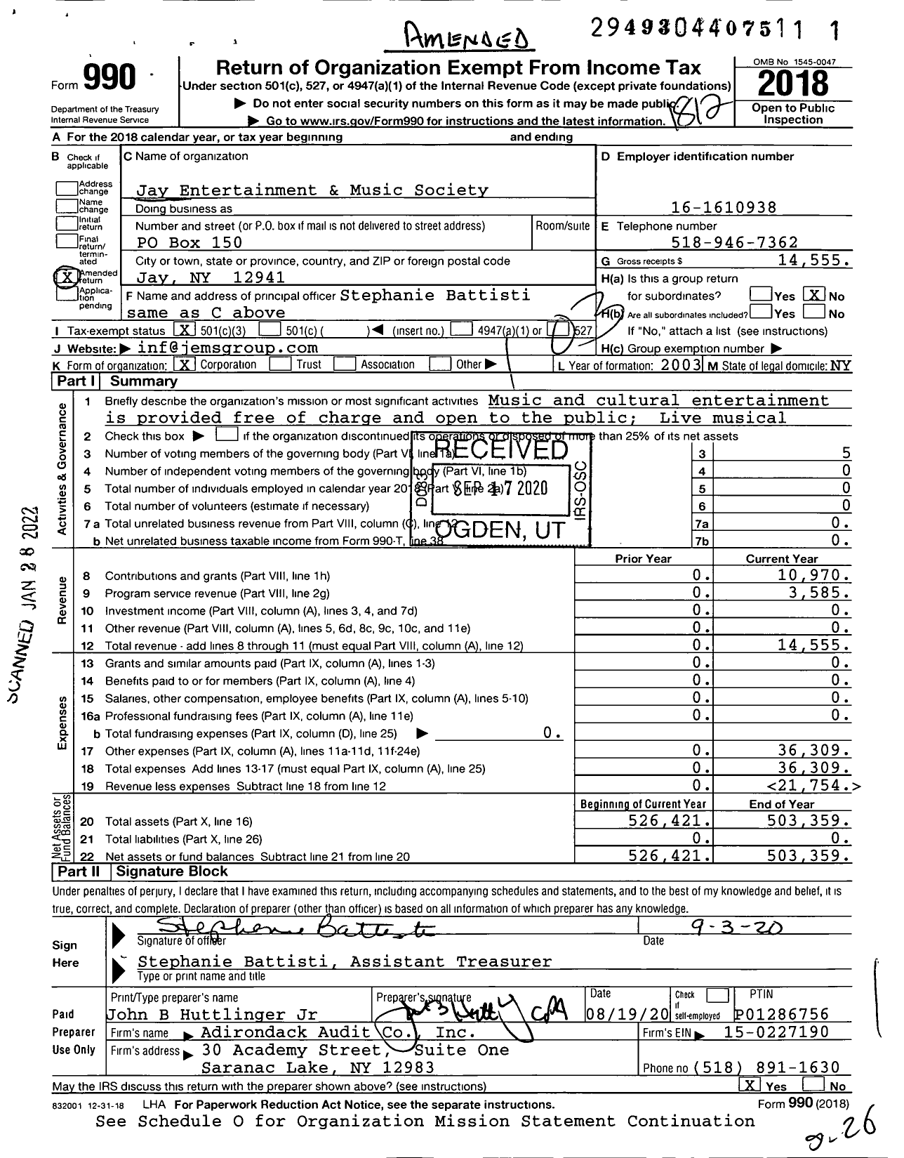 Image of first page of 2018 Form 990 for Jay Entertainment and Music Society