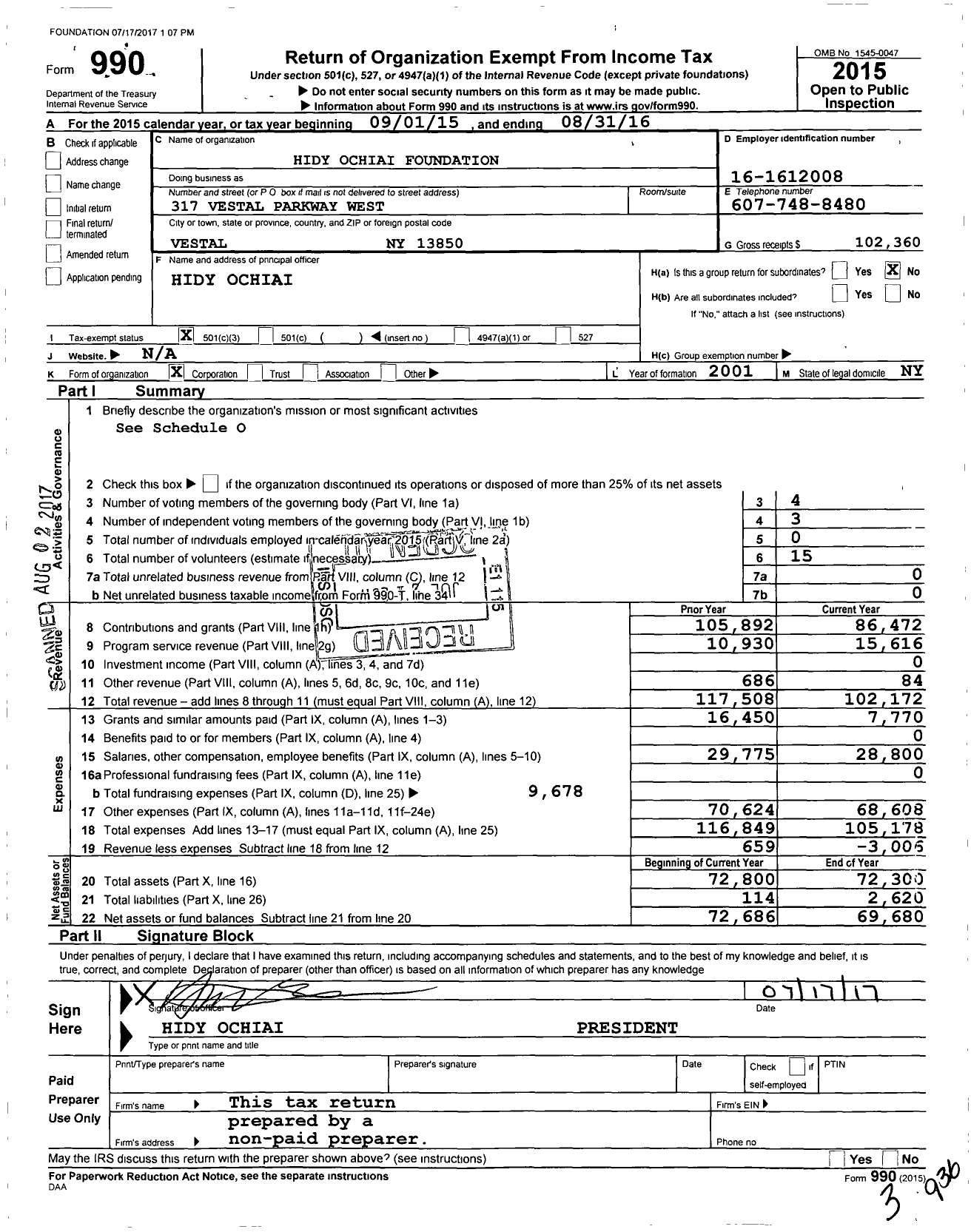 Image of first page of 2015 Form 990 for Hidy Ochiai Foundation
