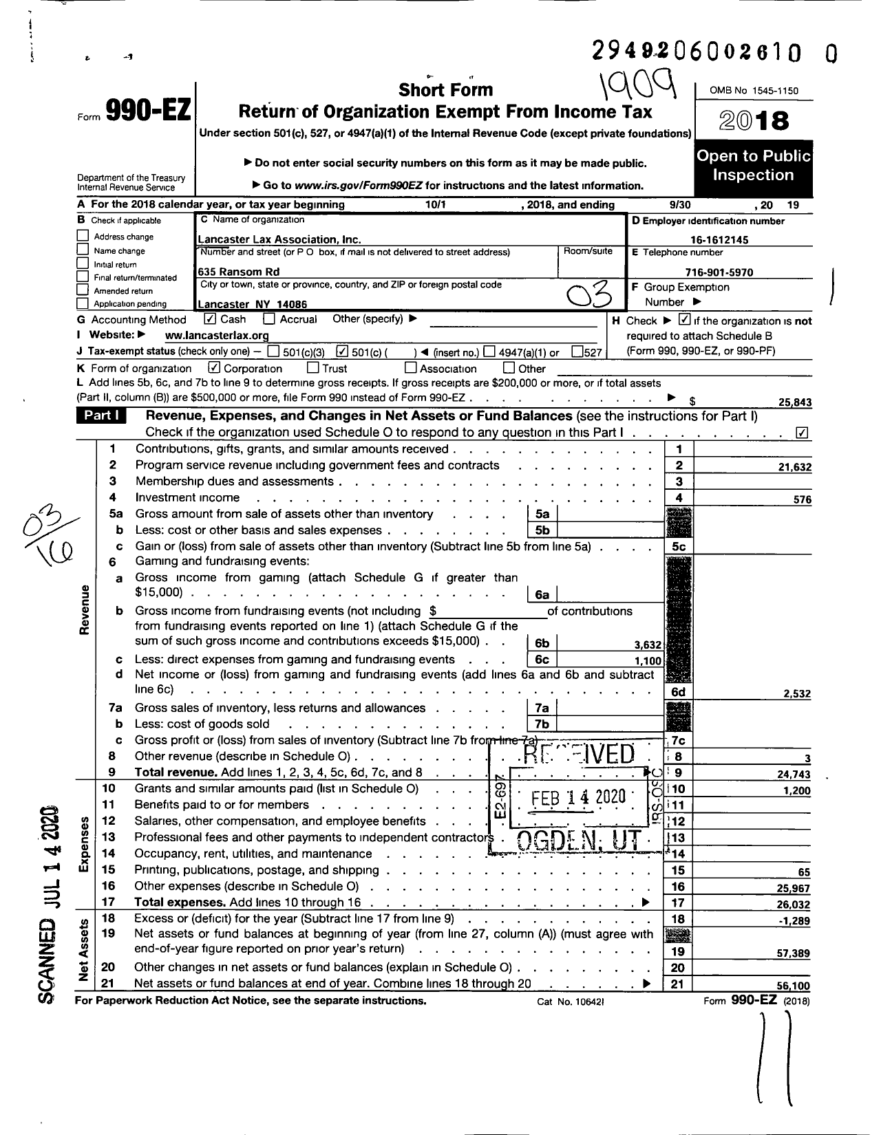 Image of first page of 2018 Form 990EZ for Lancaster Lax Association