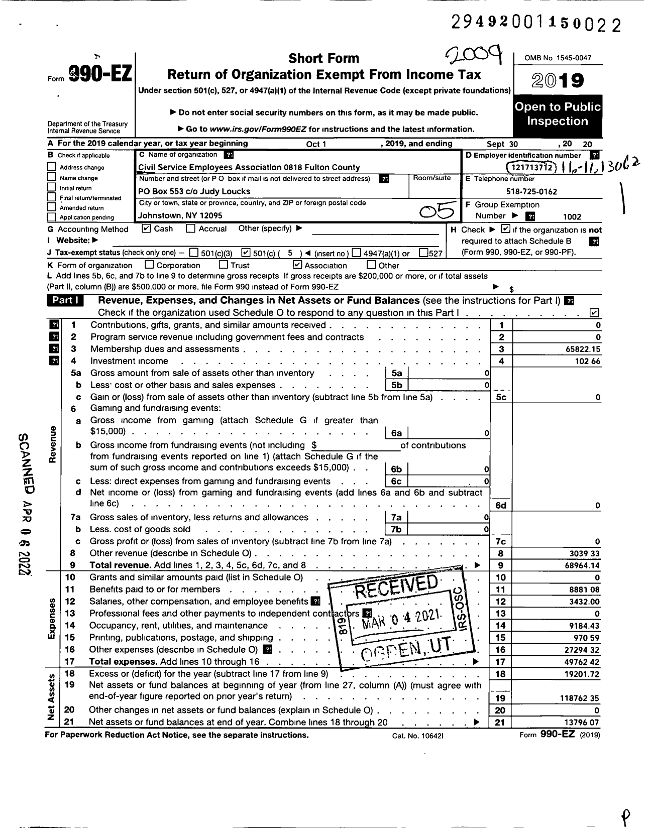 Image of first page of 2019 Form 990EO for Civil Service Employees Association - 0818-691000 Hmltn-Fult-Mont Boces