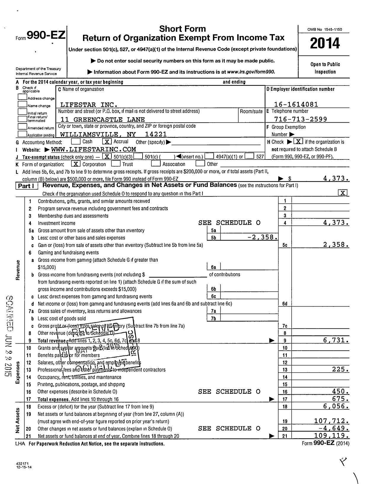 Image of first page of 2014 Form 990EZ for LifeStar