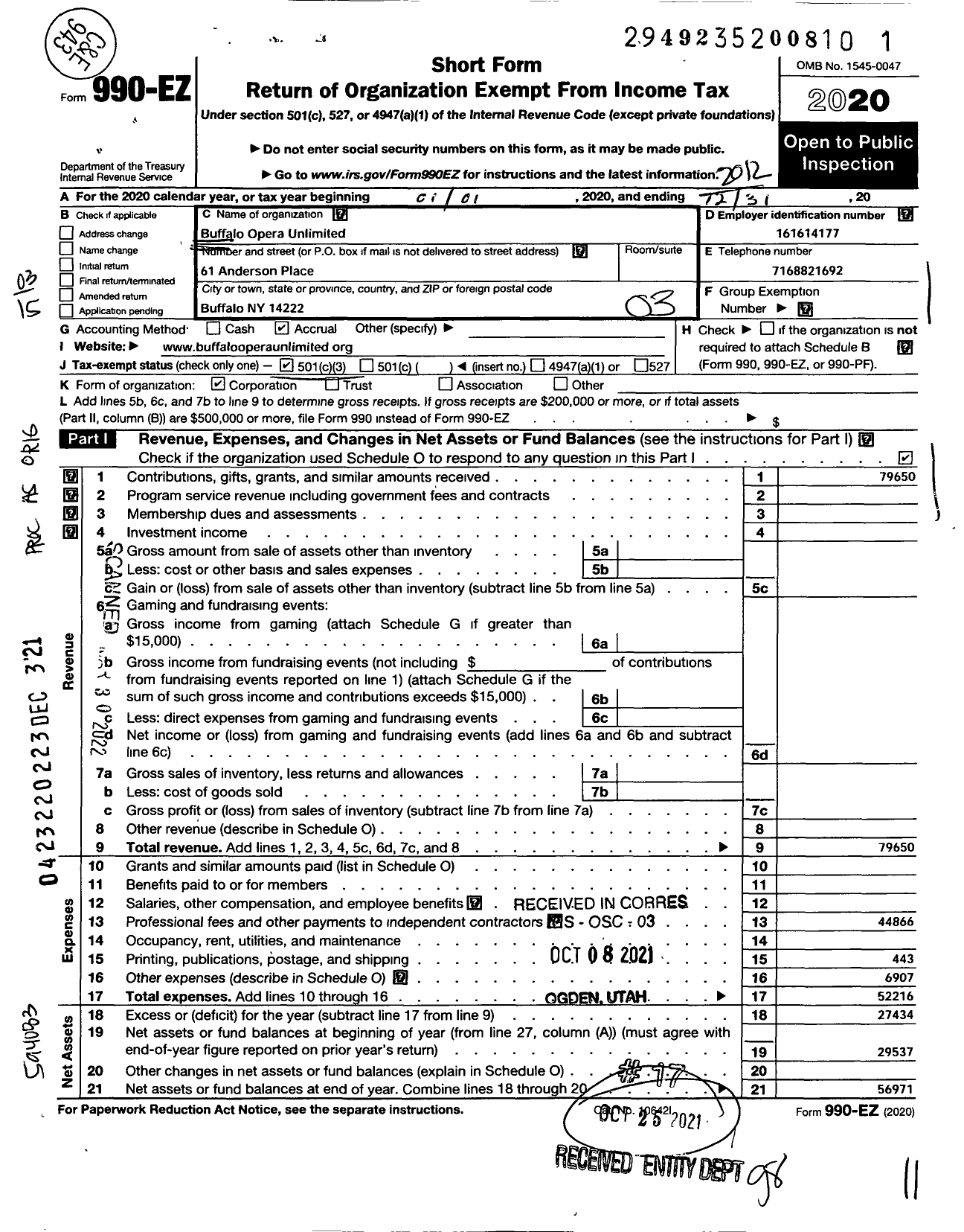 Image of first page of 2020 Form 990EZ for Buffalo Opera Unlimited Incorporated