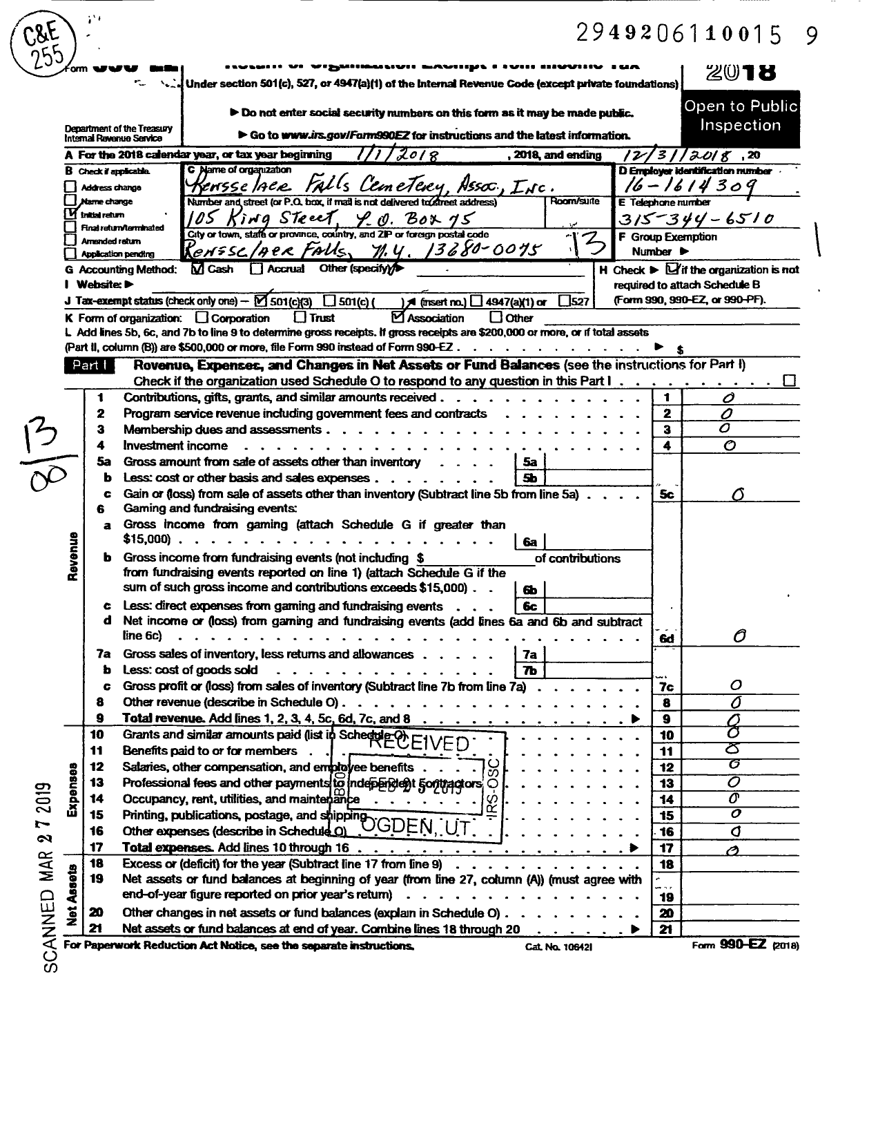 Image of first page of 2018 Form 990EO for Rensselaer Falls Cemetery Association