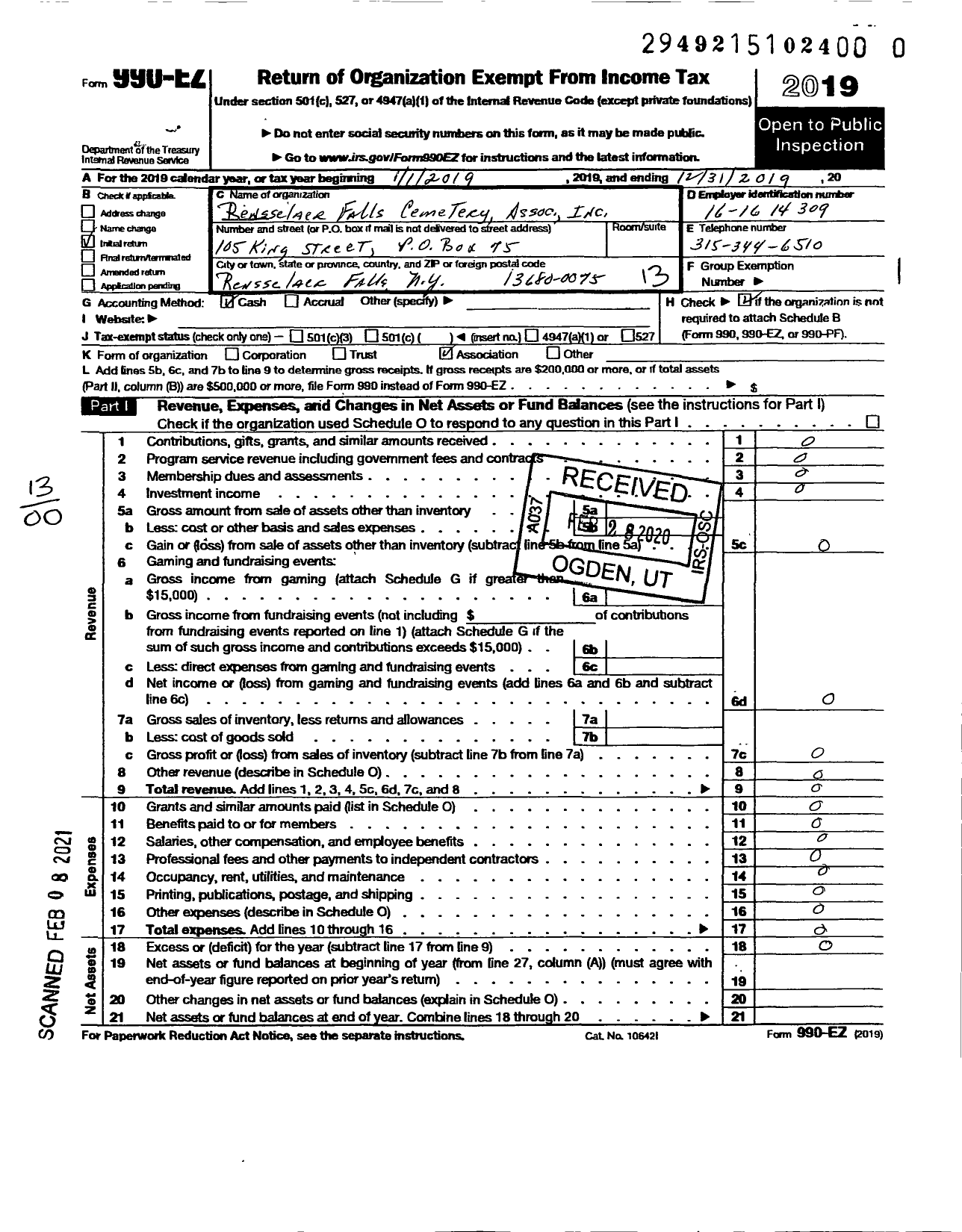 Image of first page of 2019 Form 990EO for Rensselaer Falls Cemetery Association
