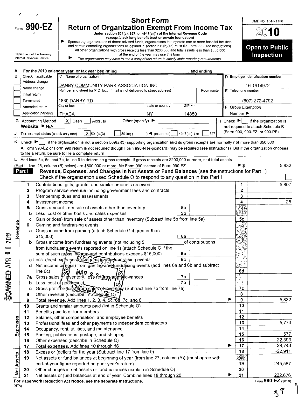 Image of first page of 2010 Form 990EZ for Danby Community Park Association