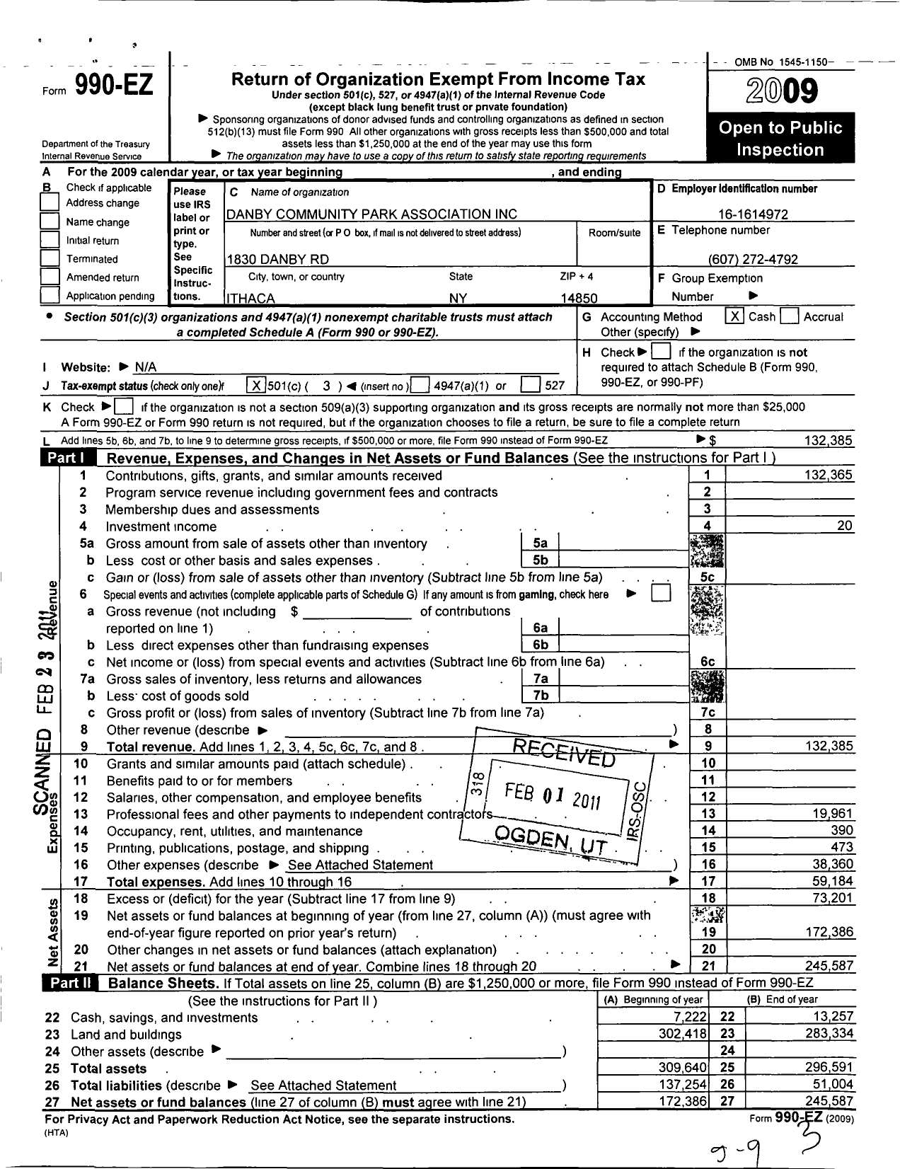 Image of first page of 2009 Form 990EZ for Danby Community Park Association