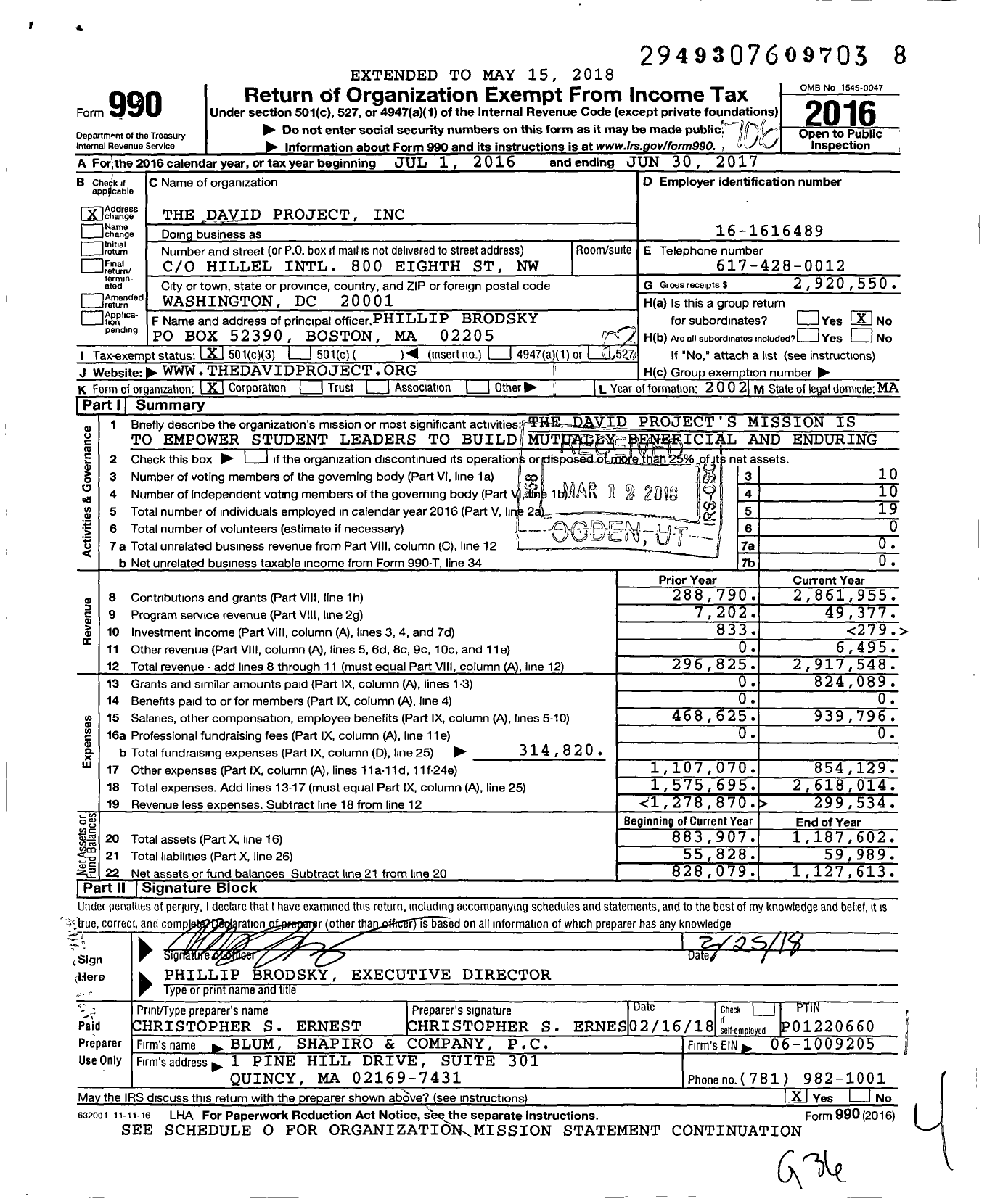Image of first page of 2016 Form 990 for The David Project