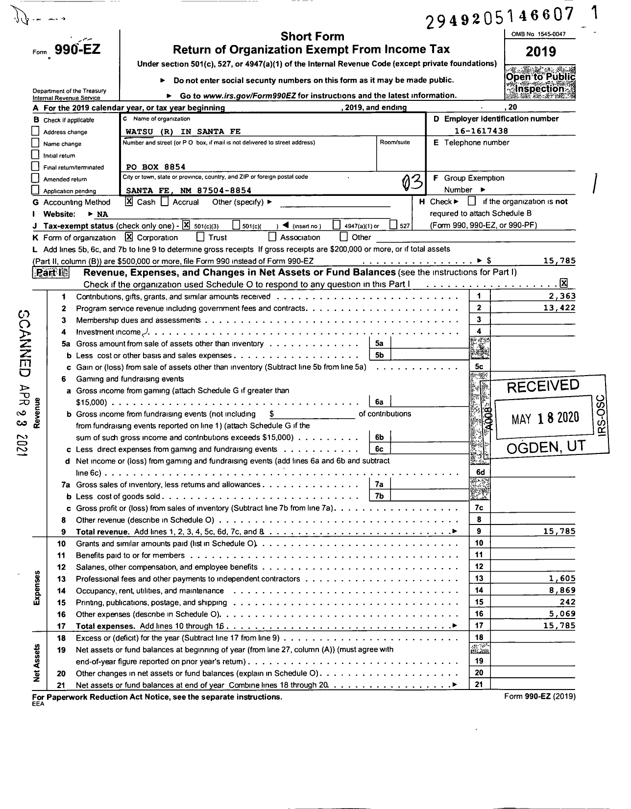 Image of first page of 2019 Form 990EZ for Watsu R in Santa Fe