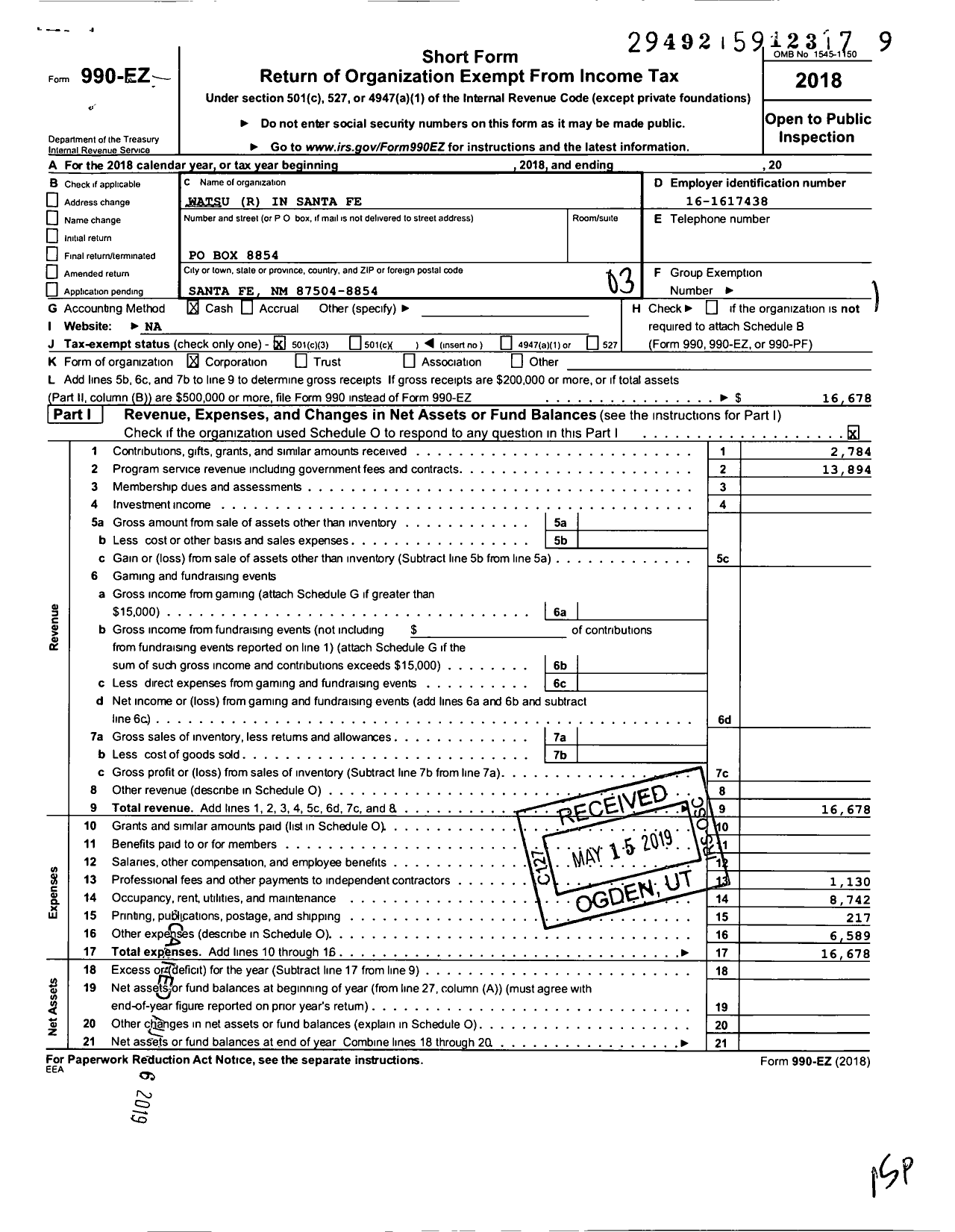 Image of first page of 2018 Form 990EZ for Watsu R in Santa Fe