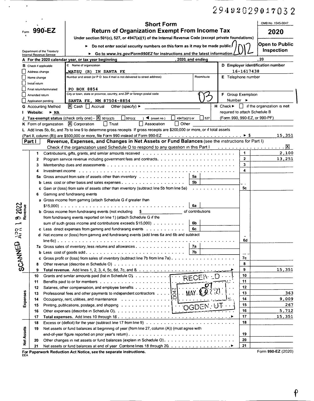 Image of first page of 2020 Form 990EZ for Watsu R in Santa Fe