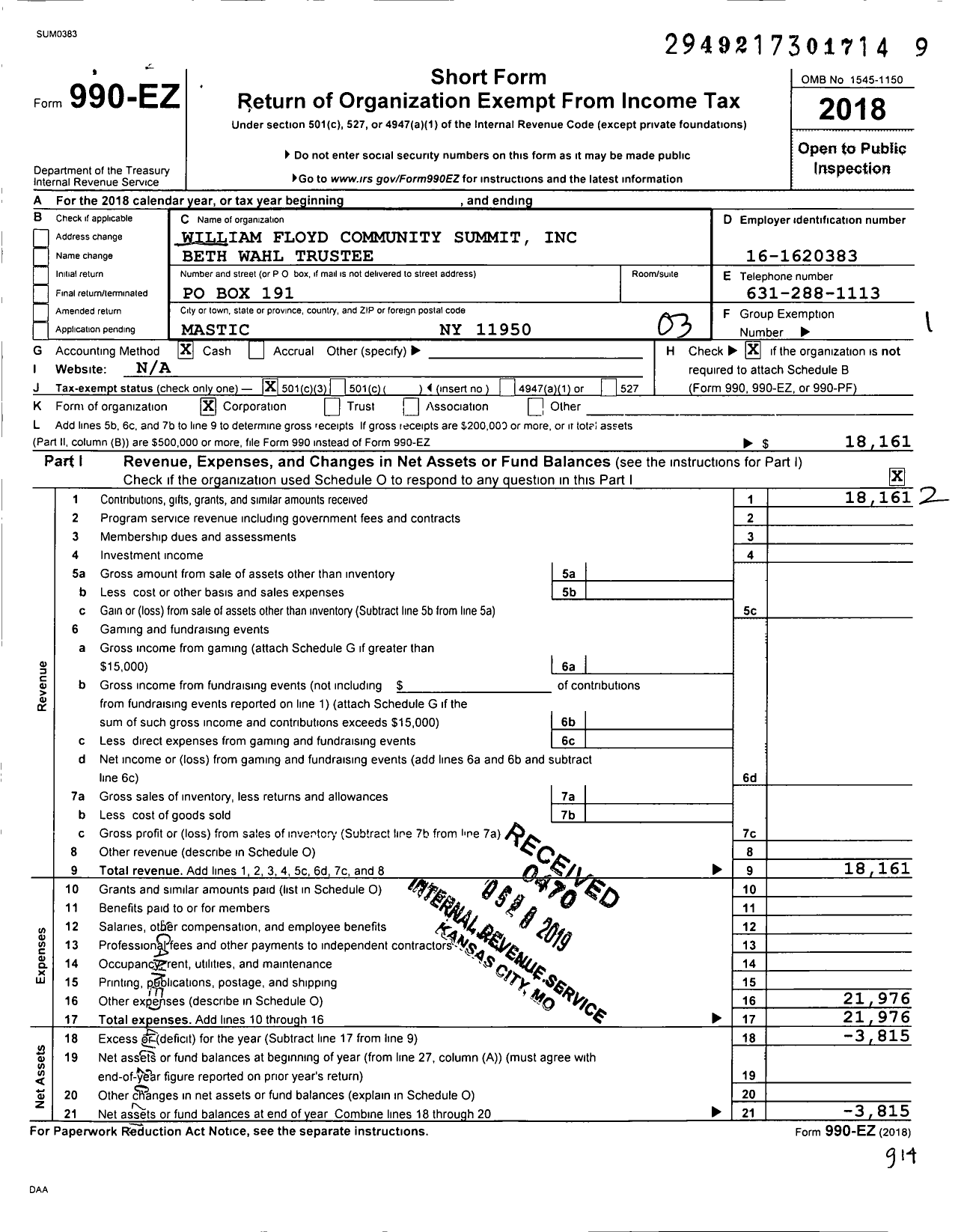 Image of first page of 2018 Form 990EZ for William Floyd Community Summit