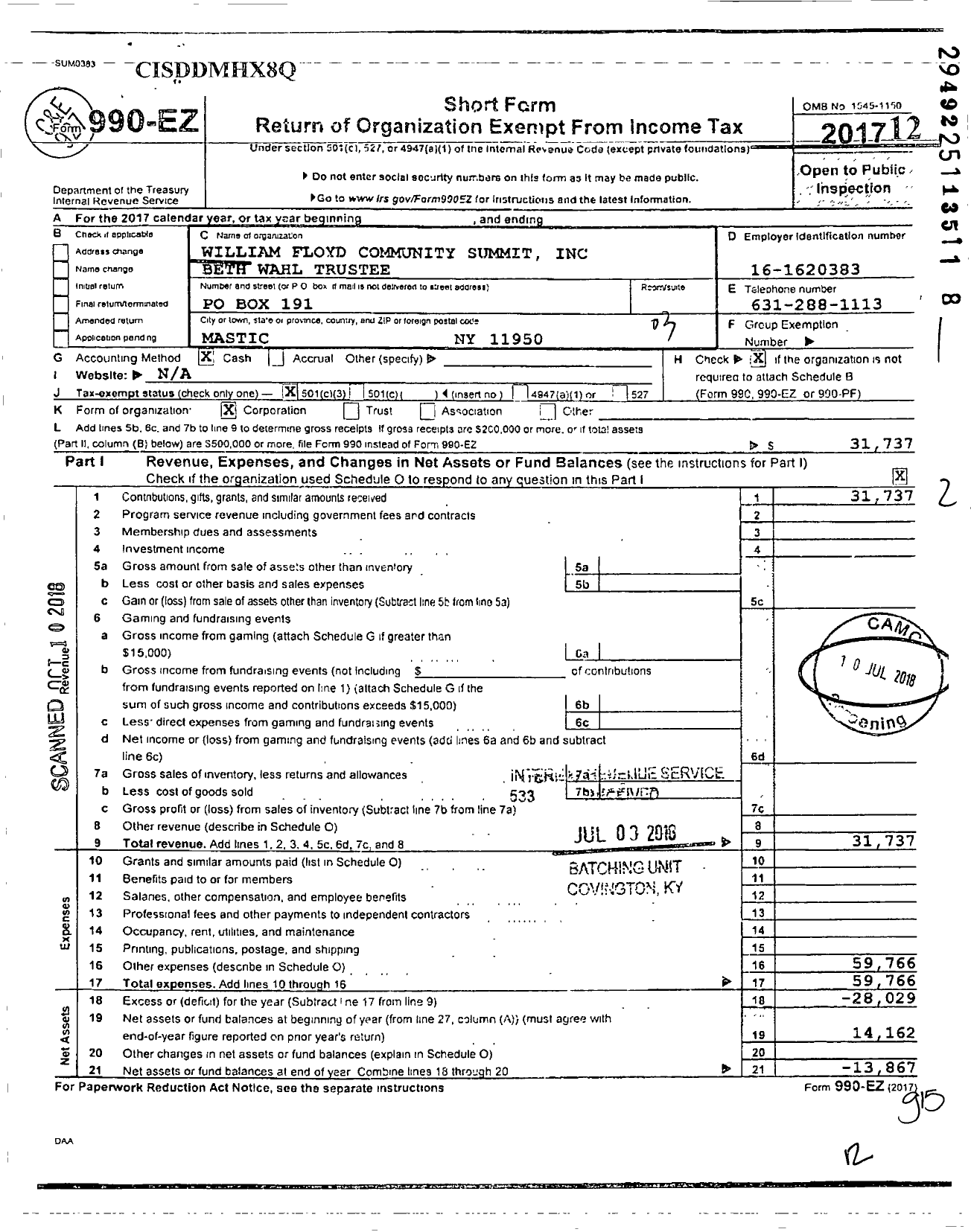 Image of first page of 2017 Form 990EZ for William Floyd Community Summit