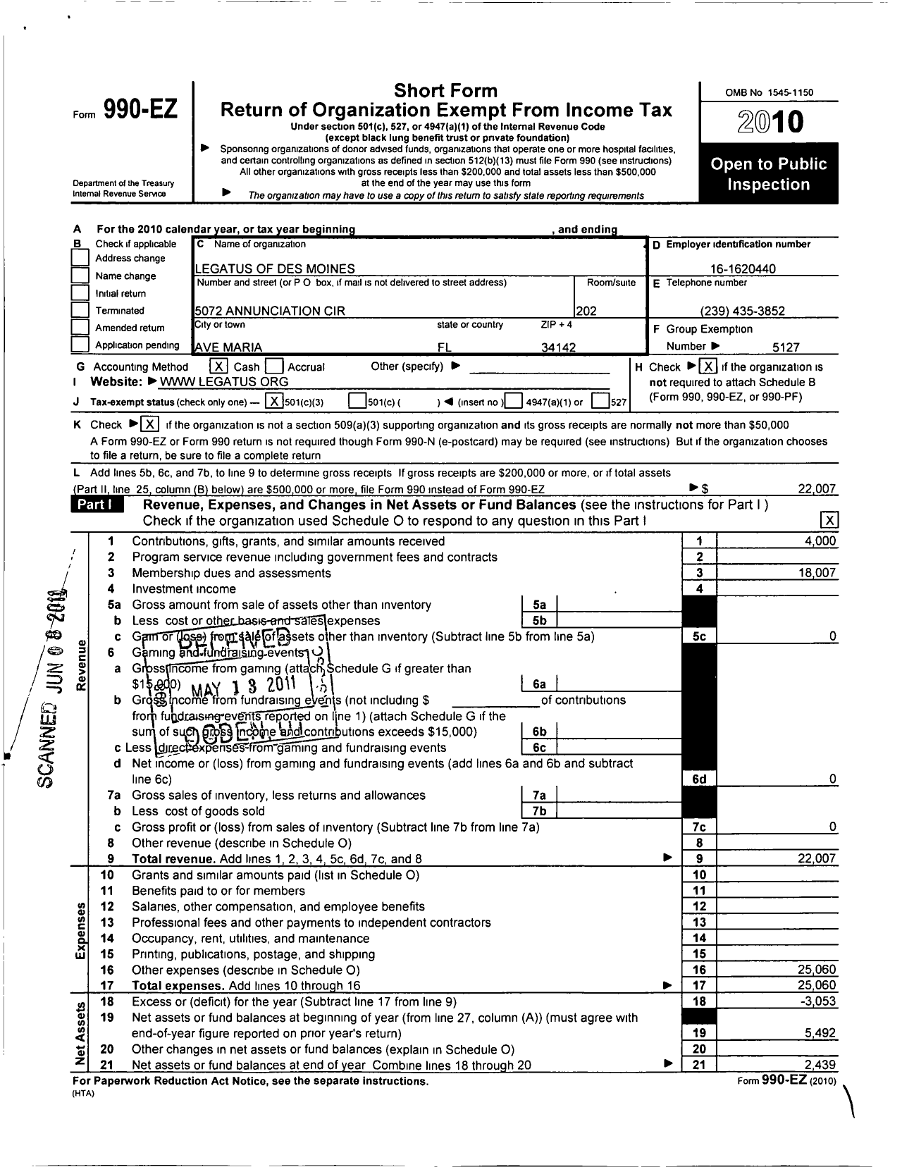 Image of first page of 2010 Form 990EZ for Legatus of Des Moines