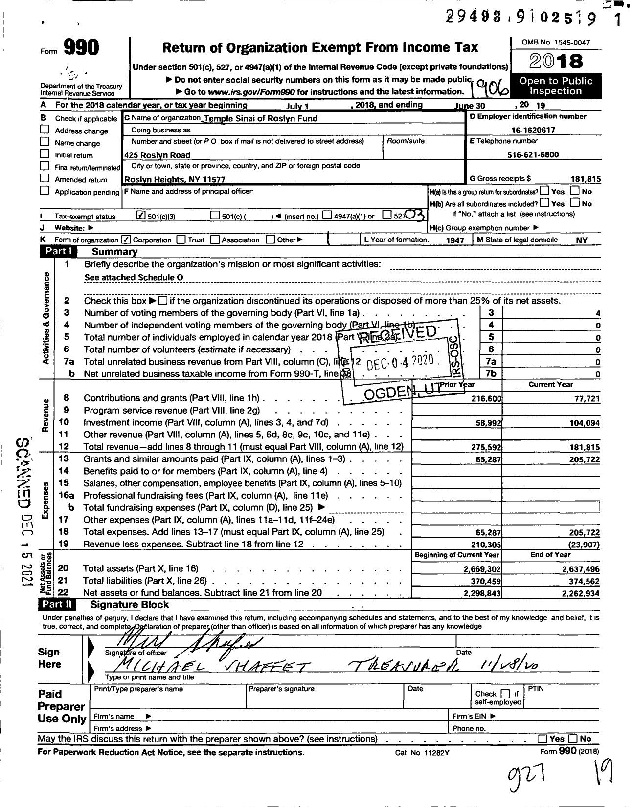 Image of first page of 2018 Form 990 for Temple Sinai of Roslyn Fund