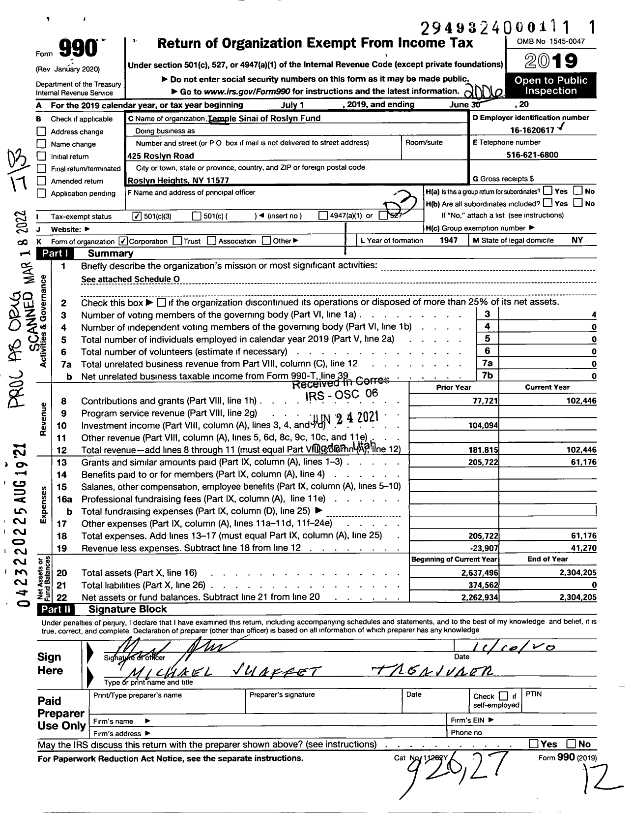 Image of first page of 2019 Form 990 for Temple Sinai of Roslyn Fund