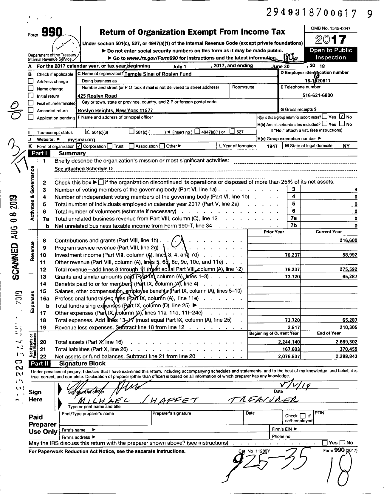 Image of first page of 2017 Form 990 for Temple Sinai of Roslyn Fund