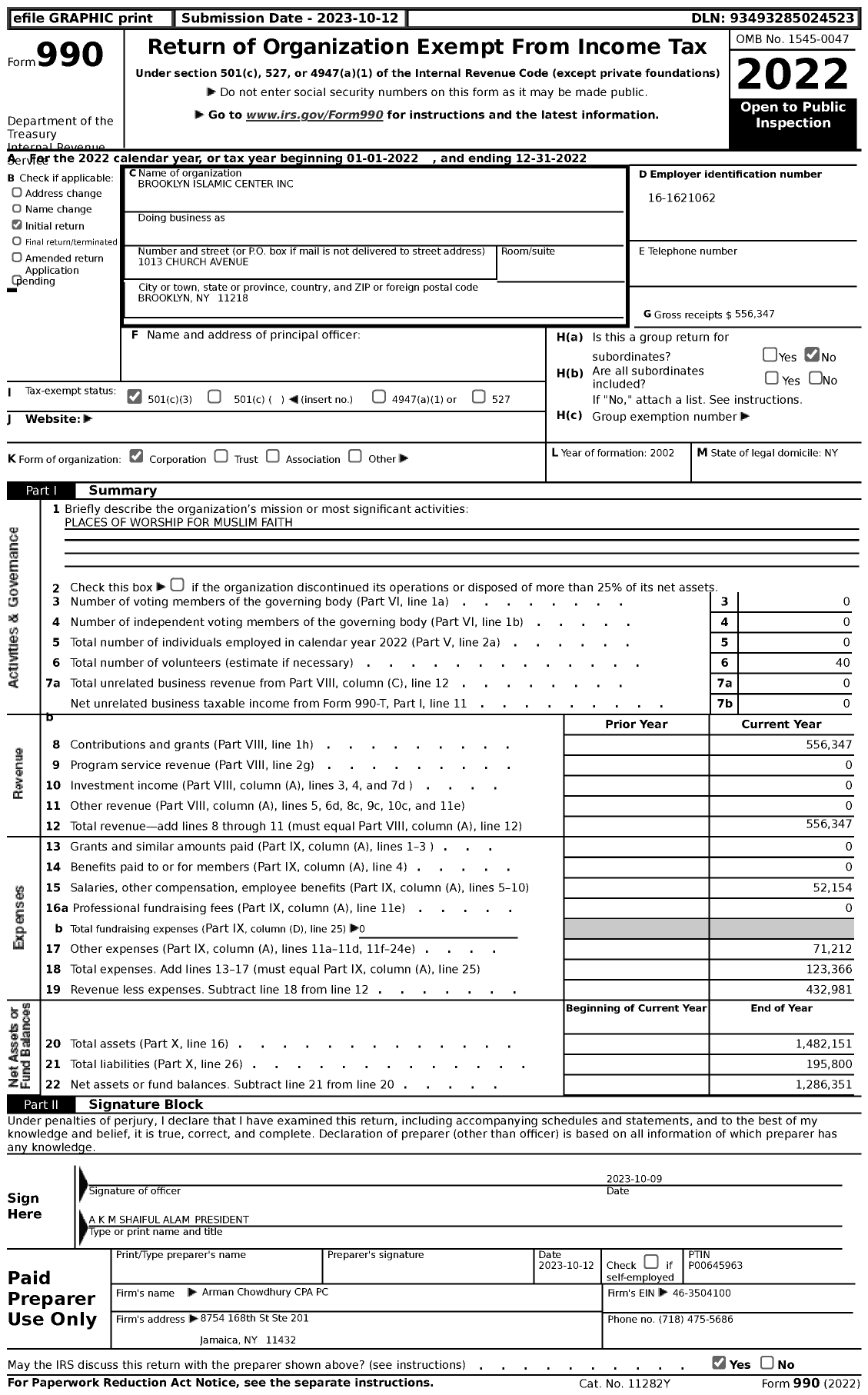 Image of first page of 2022 Form 990 for Brooklyn Islamic Center