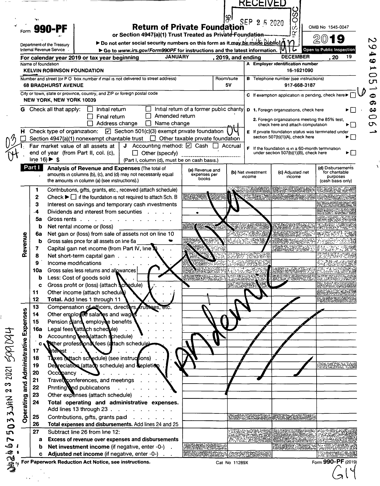 Image of first page of 2019 Form 990PF for Kelvin Robinson Foundation