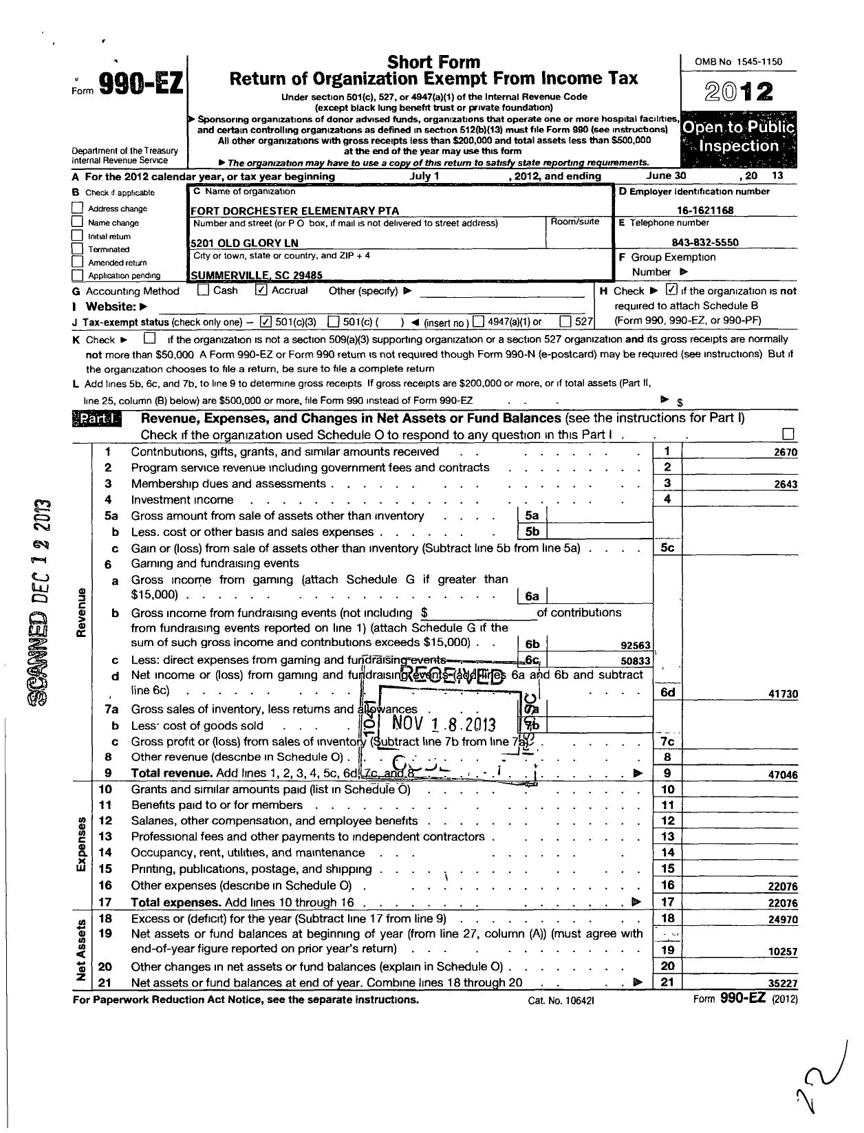 Image of first page of 2012 Form 990EZ for SOUTH CAROLINA CONGRESS OF PARENTS AND TEACHERS / Fort Dorchester Elementary PTA