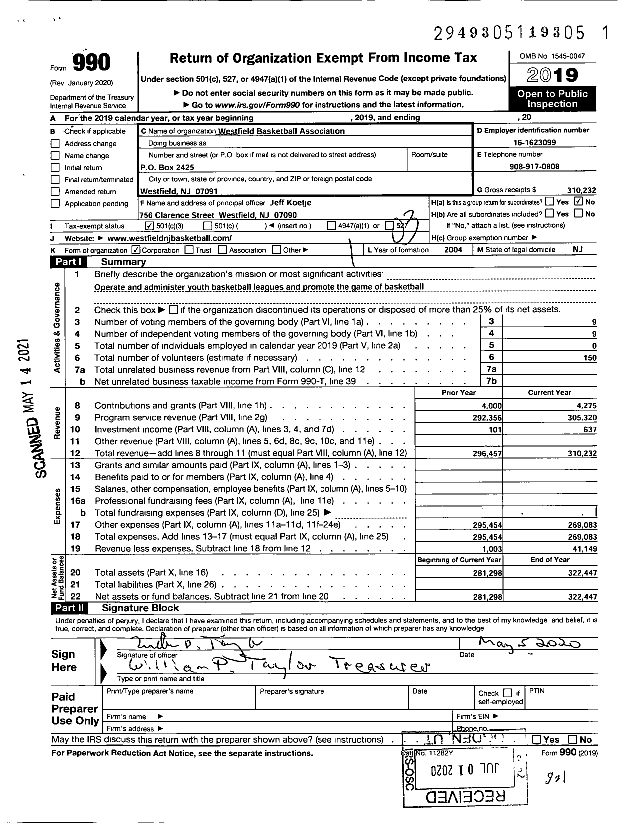 Image of first page of 2021 Form 990 for Westfield Basketball Association