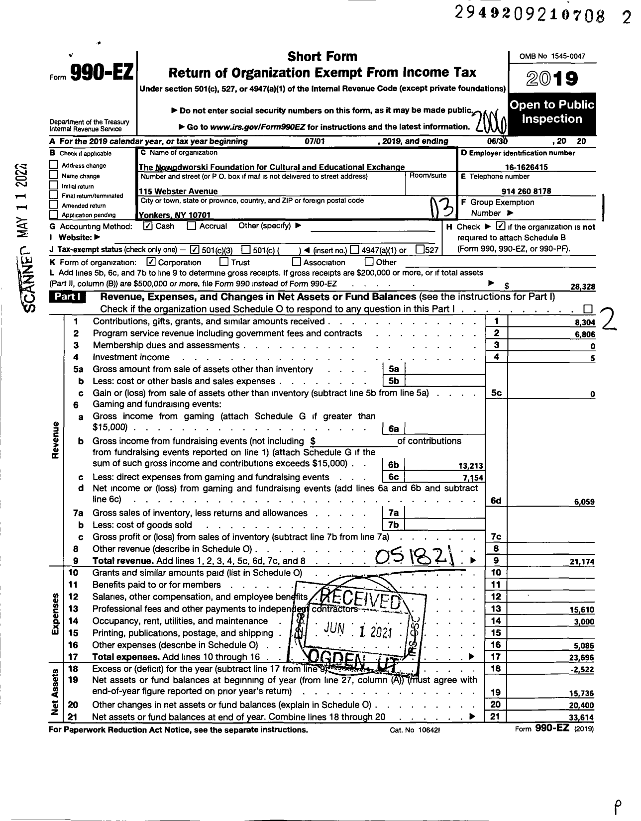 Image of first page of 2019 Form 990EZ for The Nowodworski Foundation for Cultural and Educational Exchange