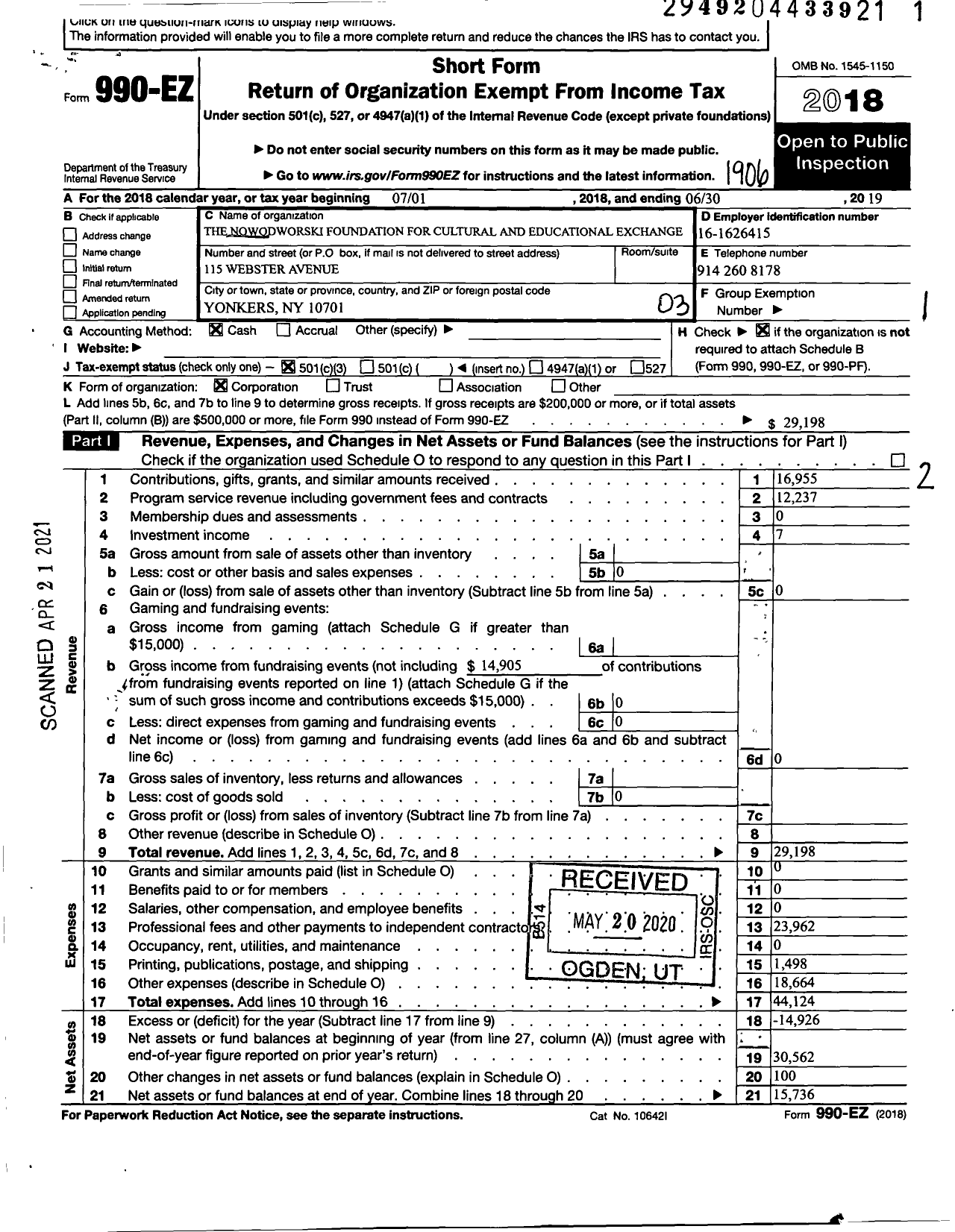 Image of first page of 2018 Form 990EZ for The Nowodworski Foundation for Cultural and Educational Exchange