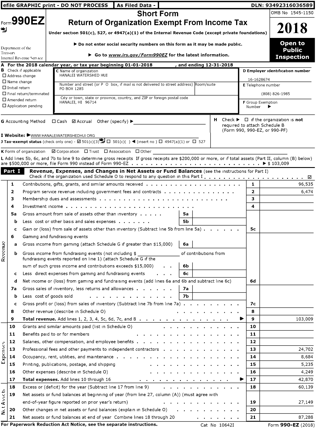 Image of first page of 2018 Form 990EZ for Hanalei Watershed Hui