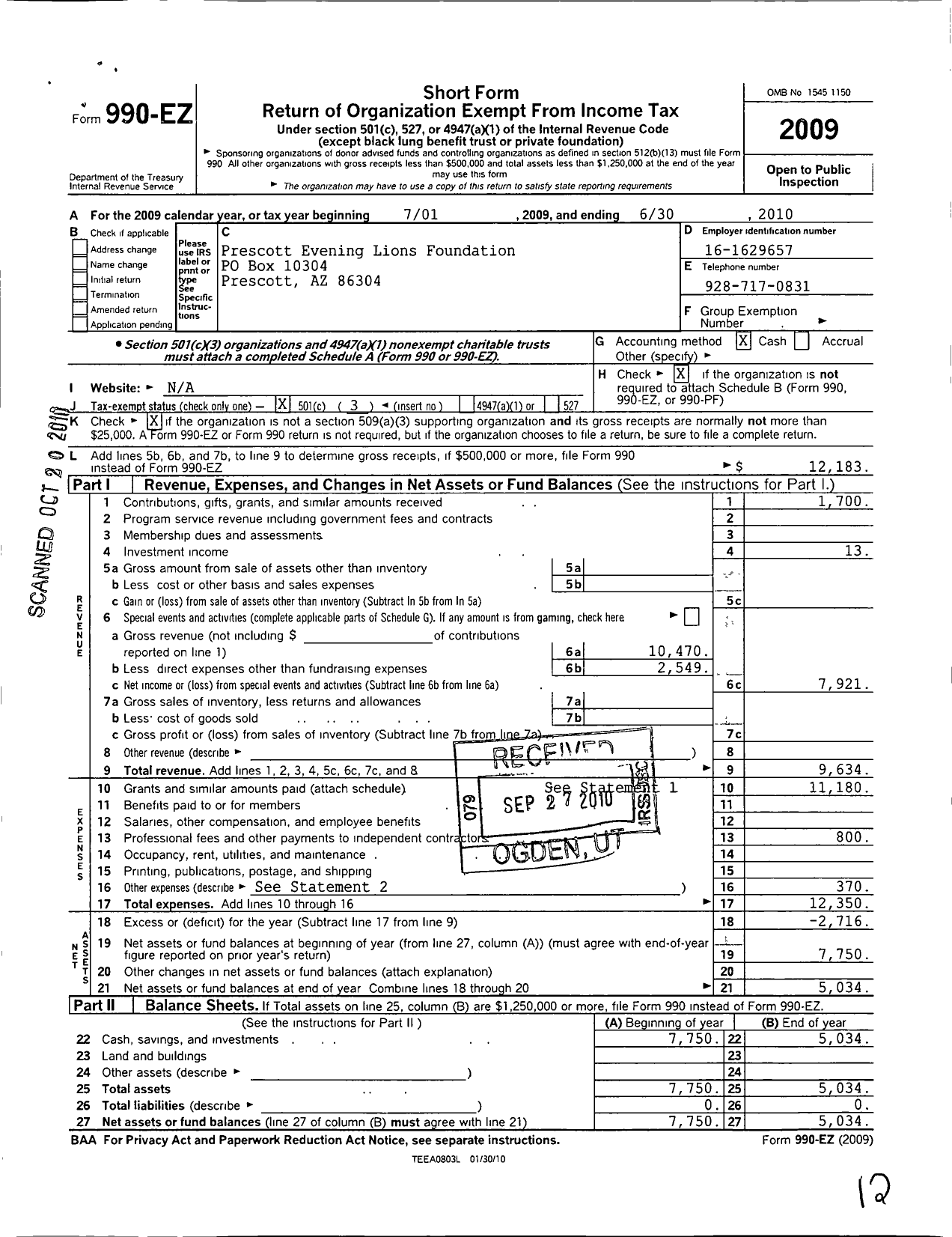 Image of first page of 2009 Form 990EZ for Prescott Evening Lions Foundation