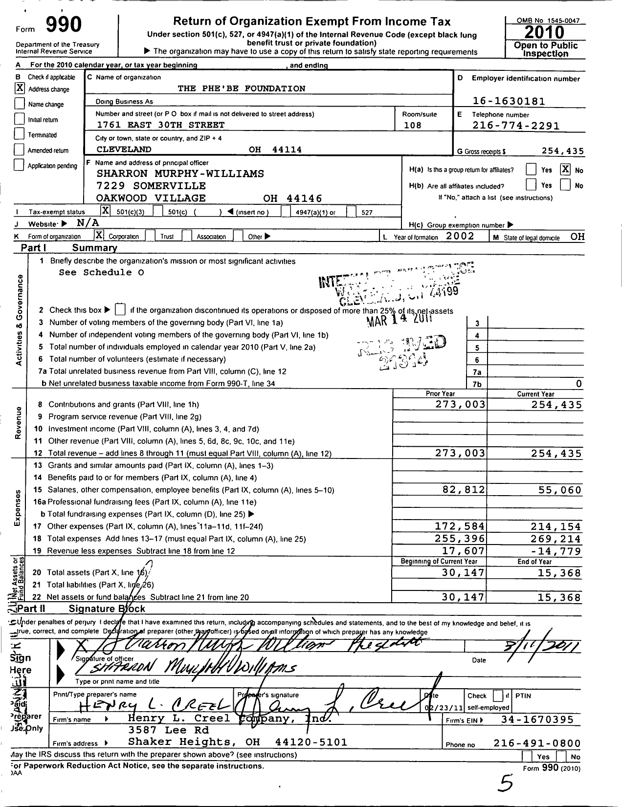 Image of first page of 2010 Form 990 for The Phebe Foundation