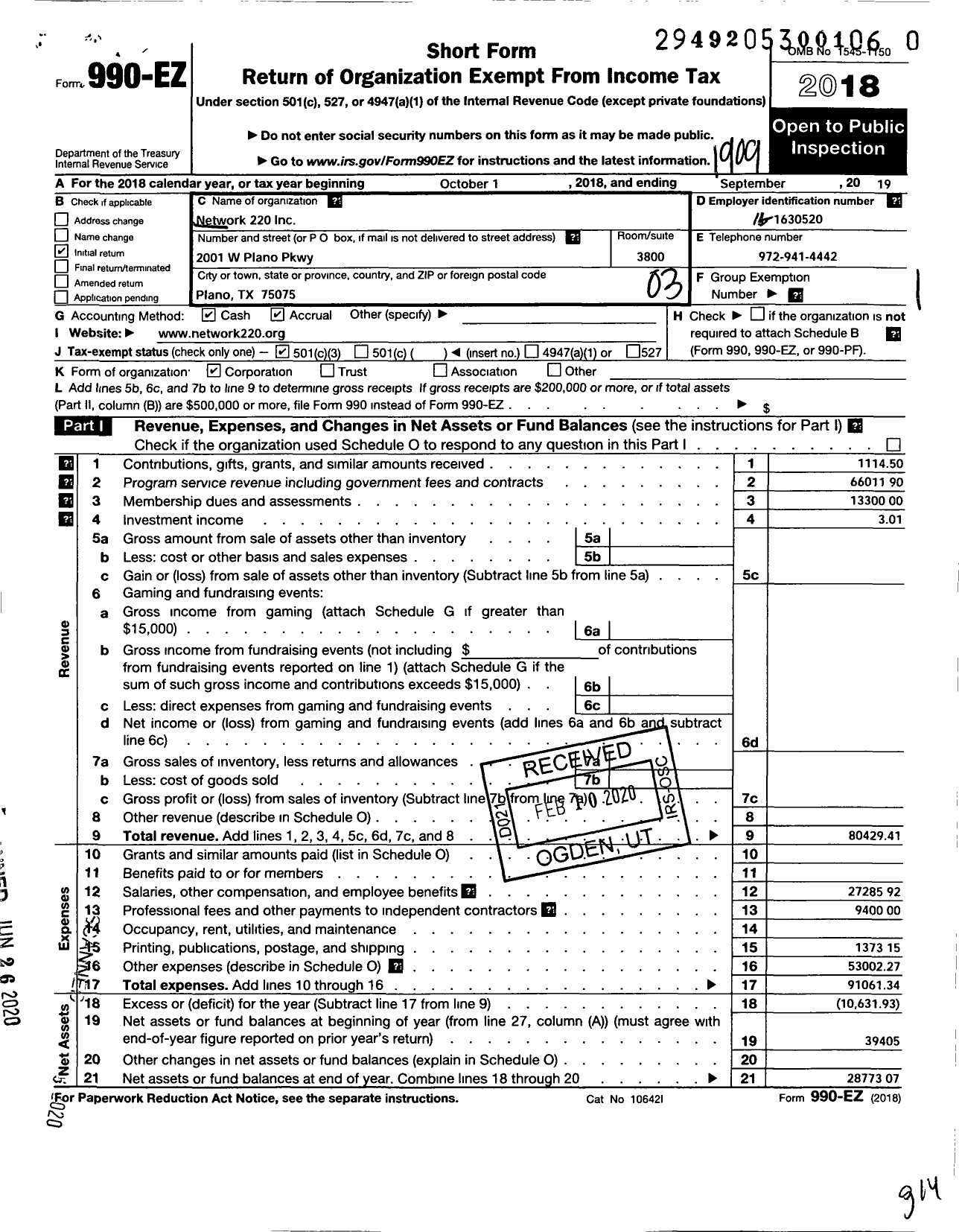 Image of first page of 2018 Form 990EZ for Network 220