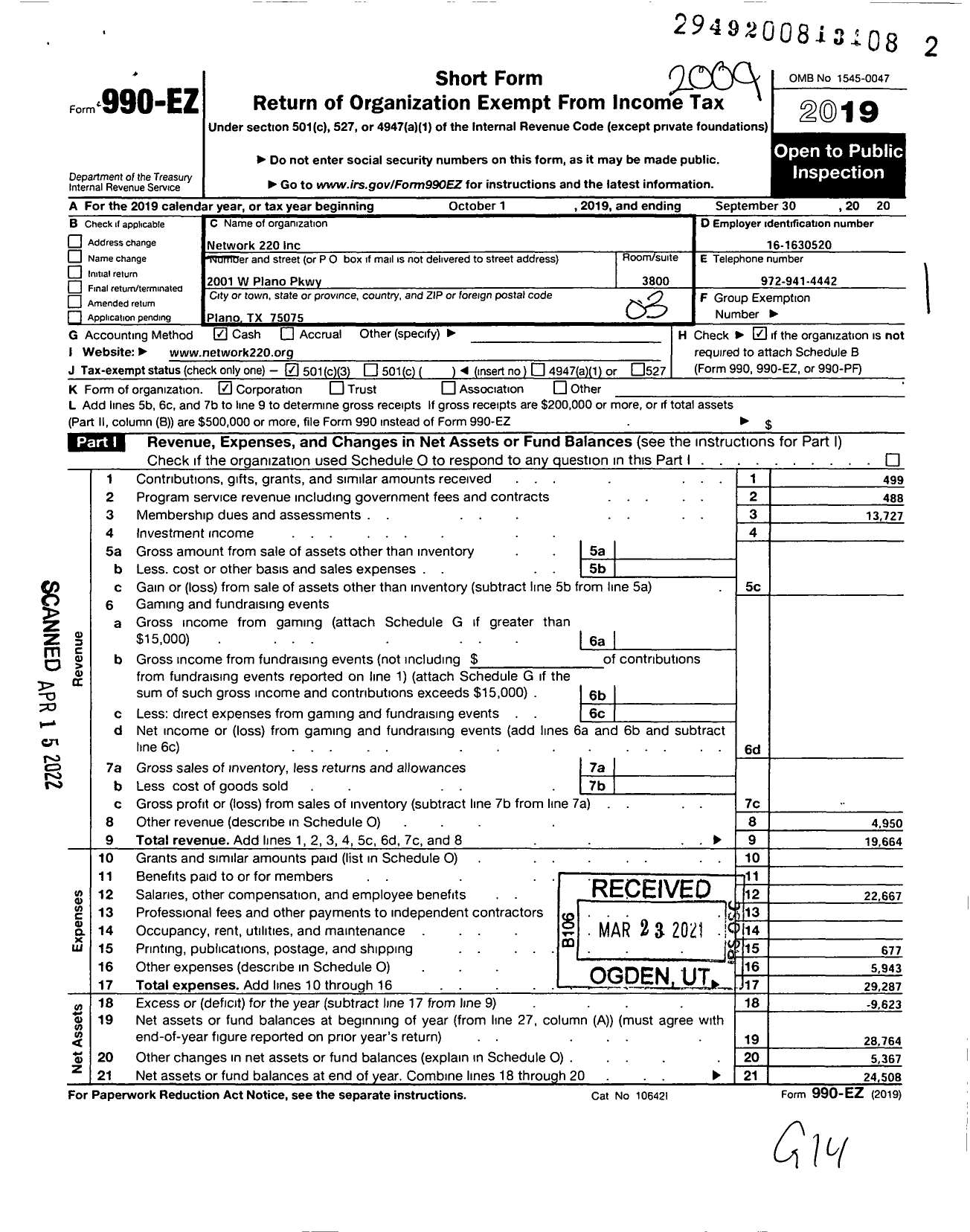 Image of first page of 2019 Form 990EZ for Network 220