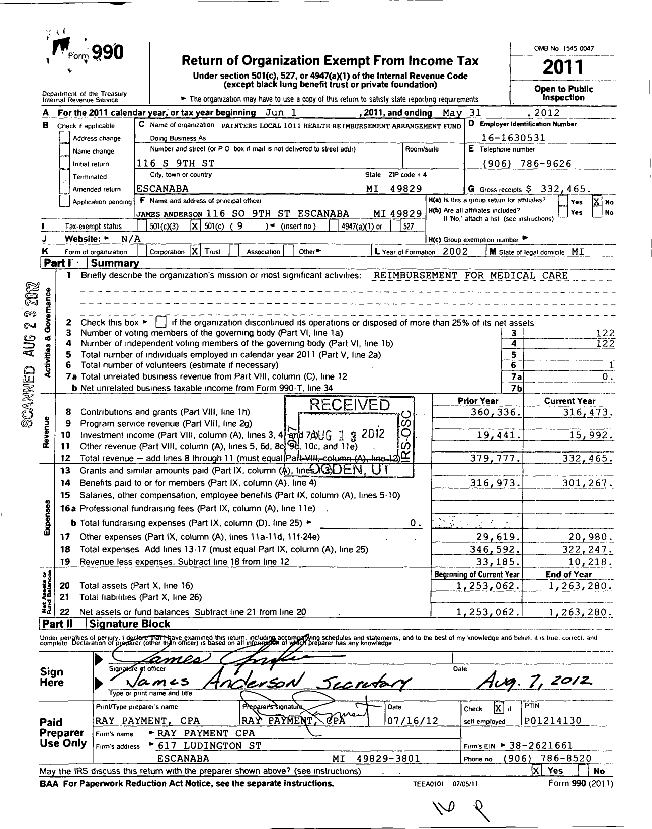 Image of first page of 2011 Form 990O for Painters Local 1011 Health Reimbursement Arrangement Fund
