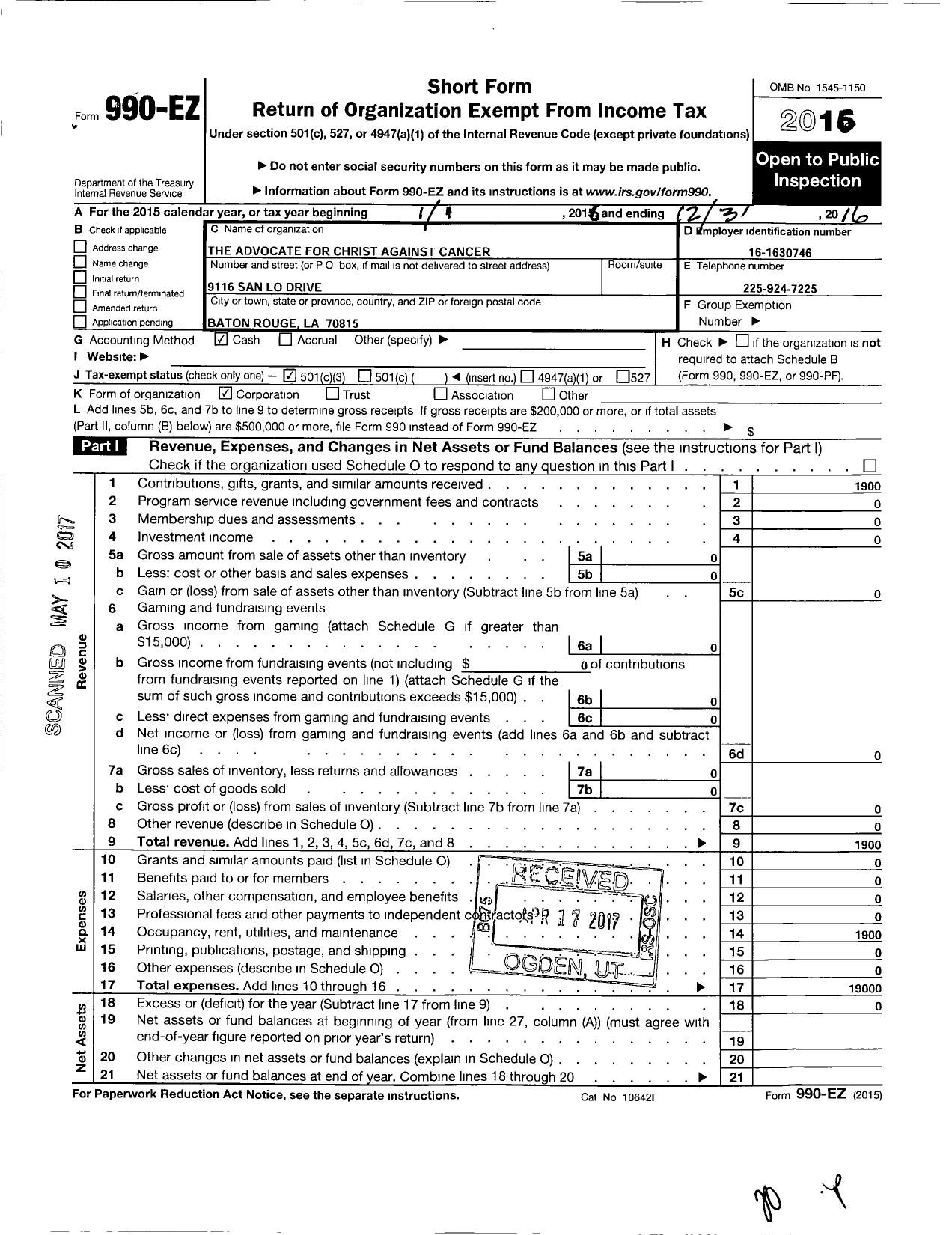 Image of first page of 2016 Form 990EZ for The Advocate for Christ Against Cancer