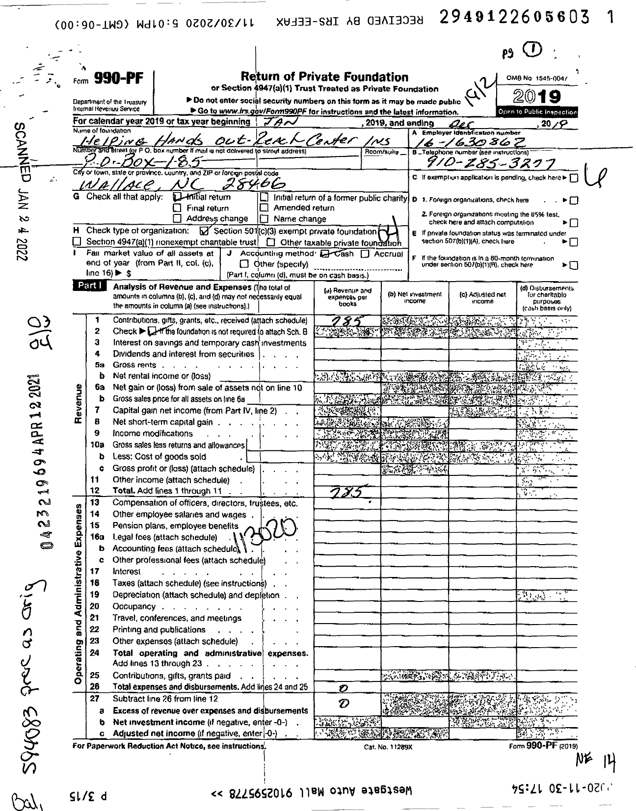 Image of first page of 2019 Form 990PF for Helping Hands Out-Reach Center