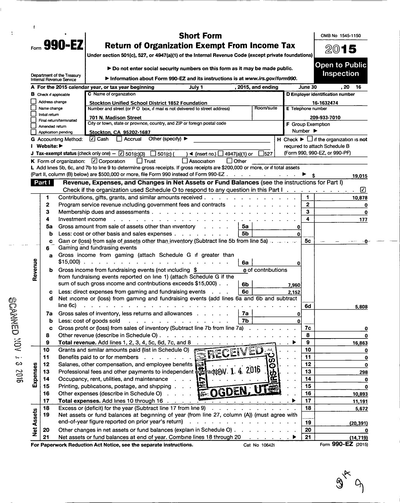 Image of first page of 2015 Form 990EZ for Stockton Unified School District 1852 Foundation