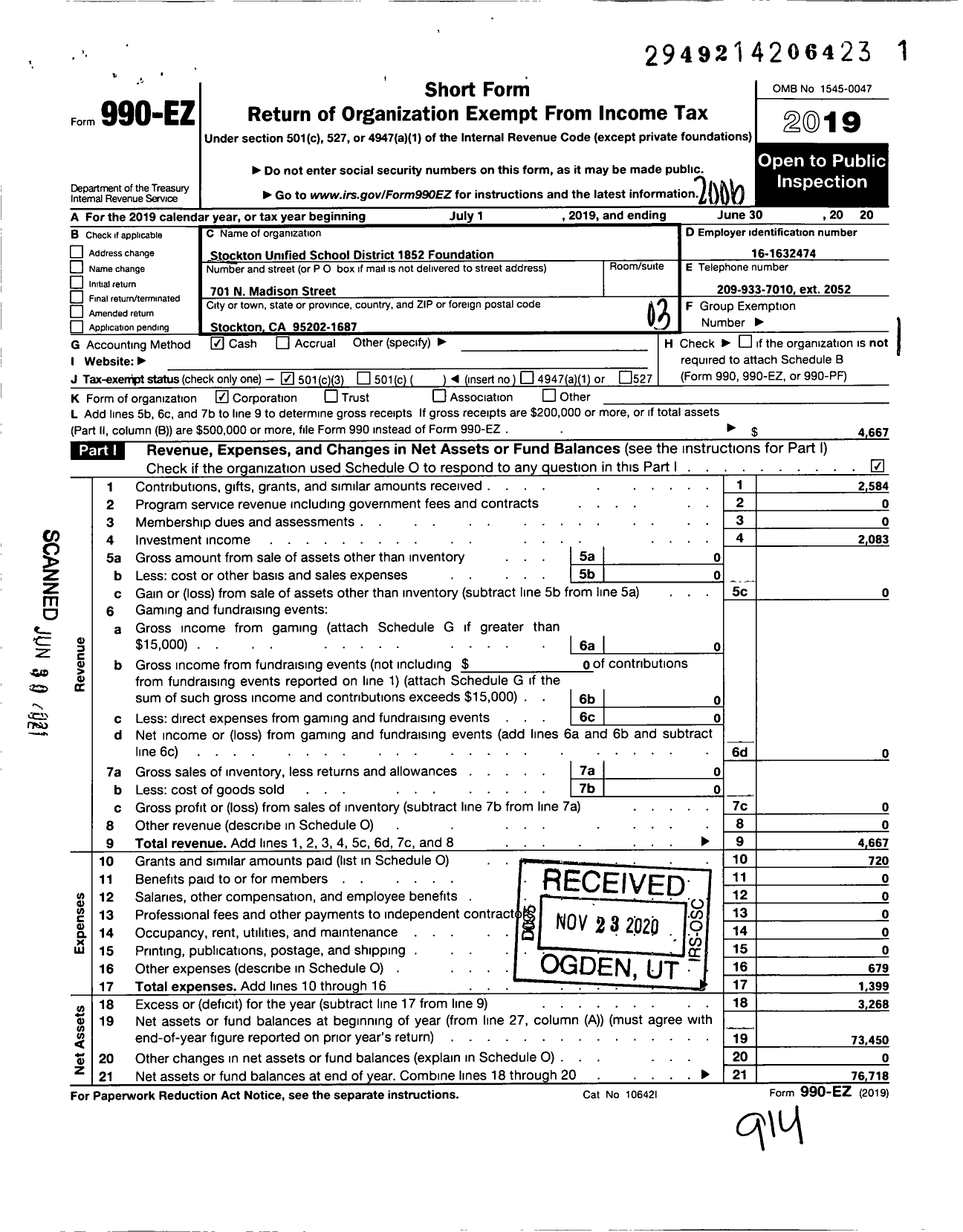 Image of first page of 2019 Form 990EZ for Stockton Unified School District 1852 Foundation