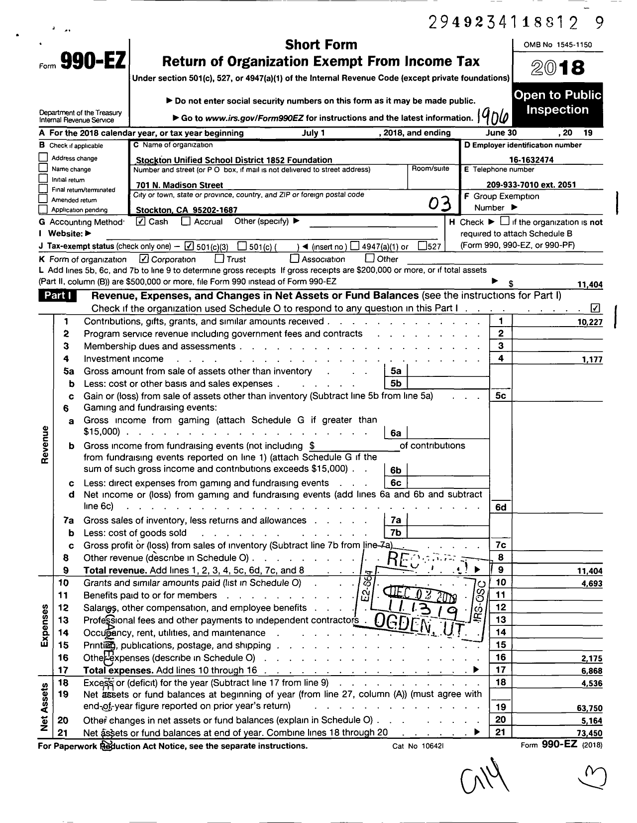 Image of first page of 2018 Form 990EZ for Stockton Unified School District 1852 Foundation