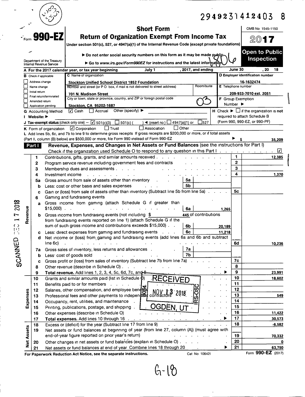 Image of first page of 2017 Form 990EZ for Stockton Unified School District 1852 Foundation