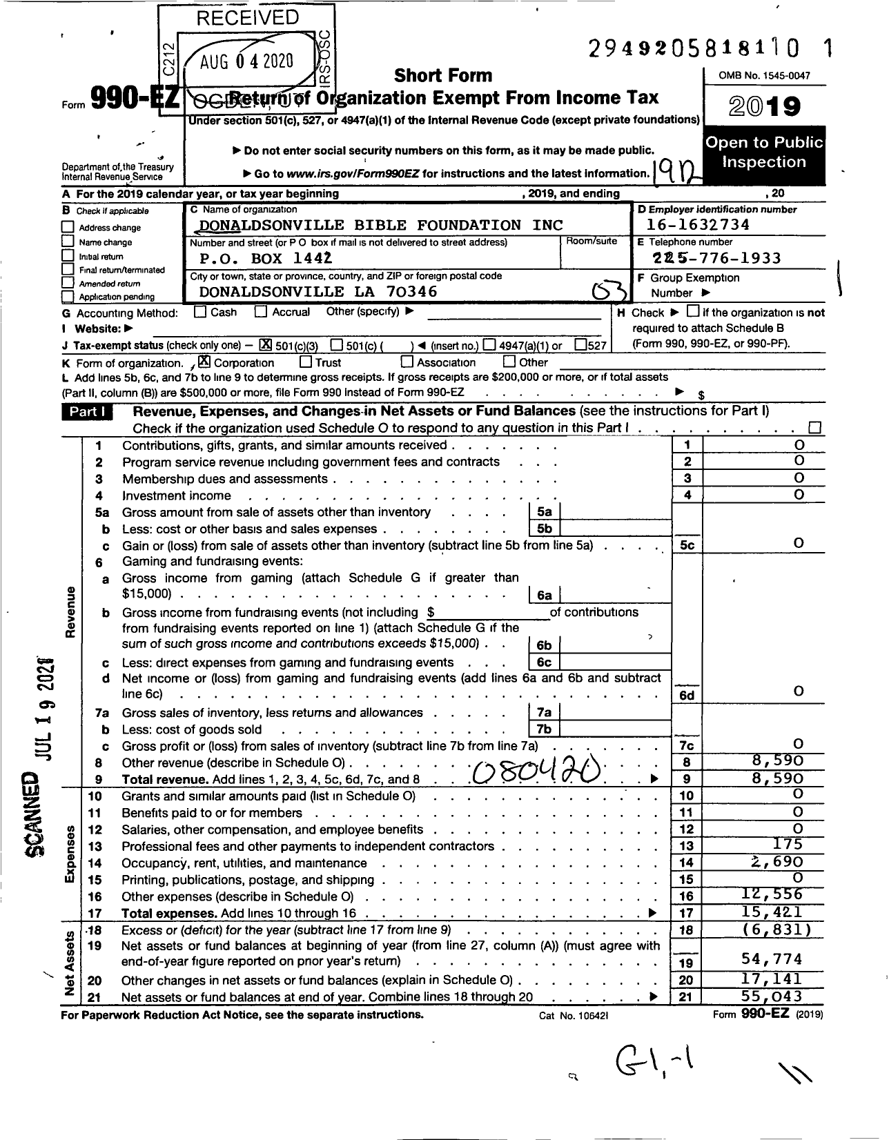 Image of first page of 2019 Form 990EZ for Donaldsonville Bible Foundation Enterprise