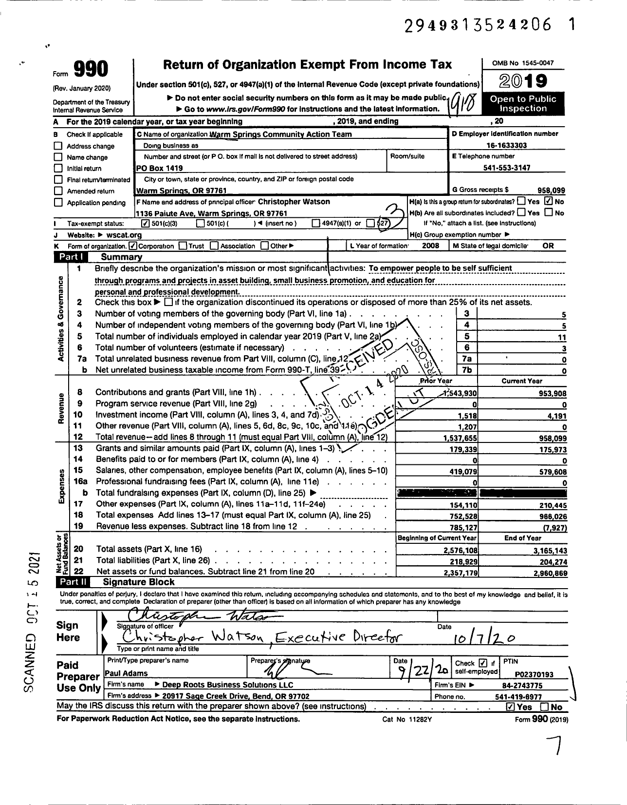 Image of first page of 2019 Form 990 for Warm Springs Community Action Team